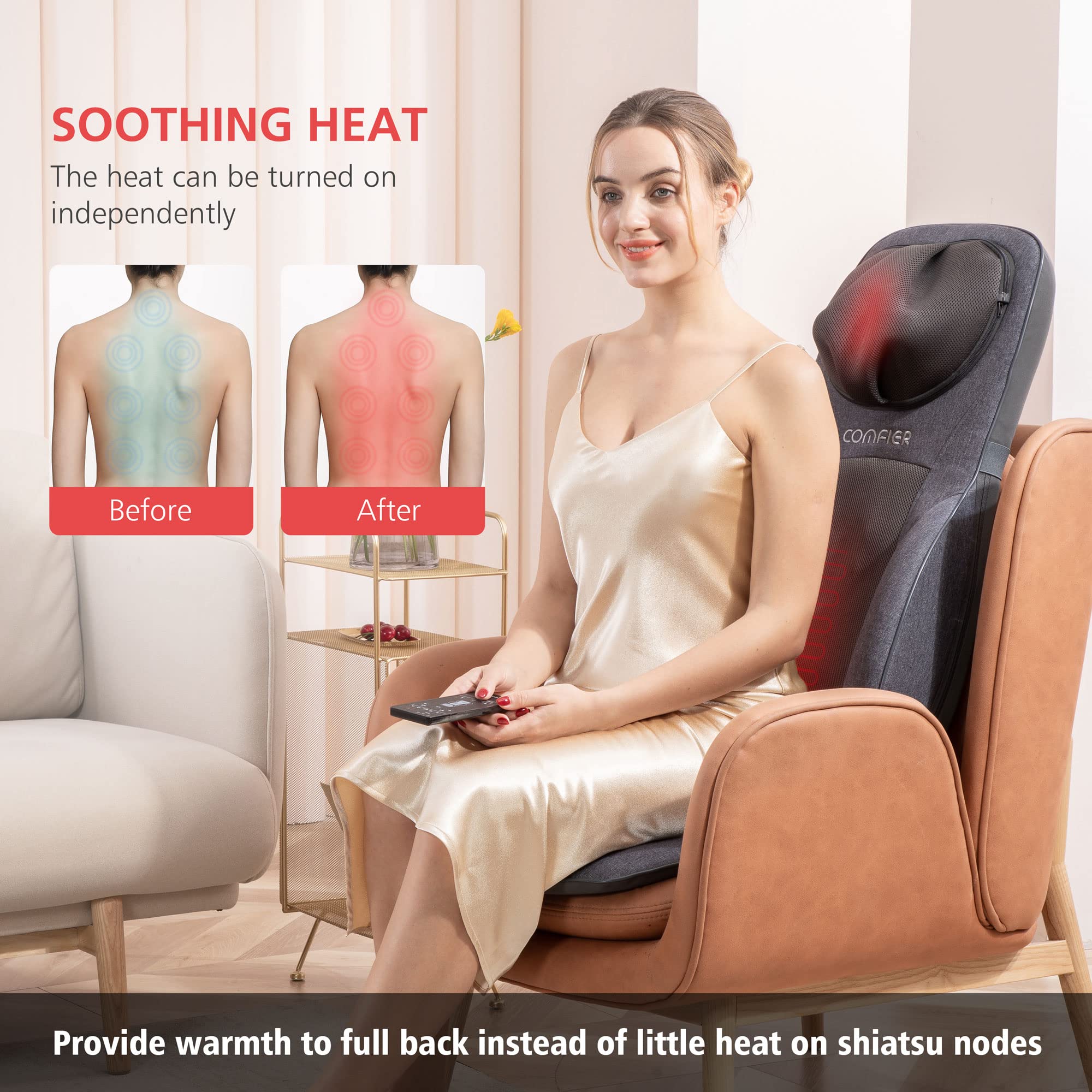 COMFIER Shiatsu Neck and Back Massager with Heat - Adjustable Chair Massage Cushion for Shoulder & Spine Support - Perfect Gift for Parents (Dad/Mom) - Home & Office Relaxation - Gray