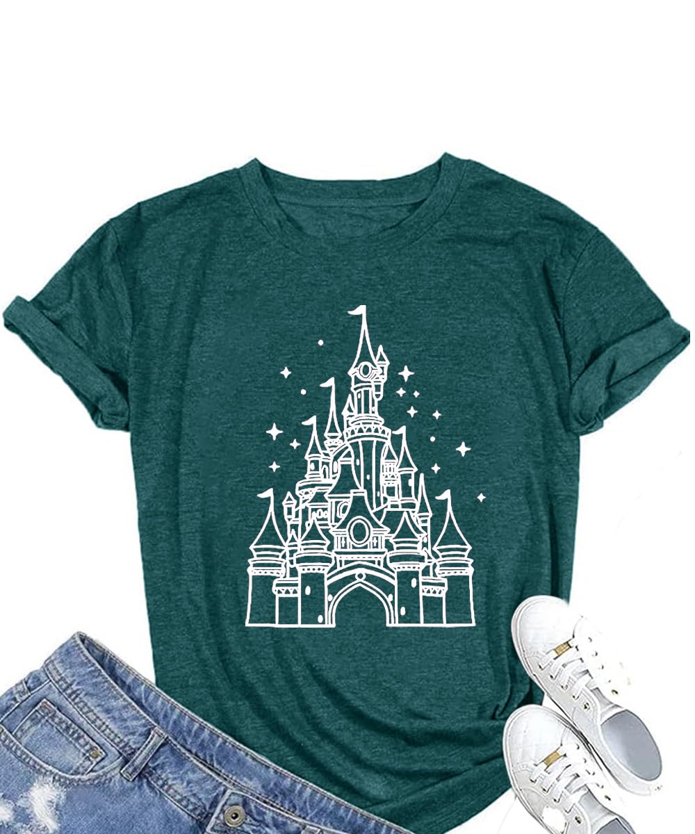 Magic Castle Graphic T-Shirt for Women | Cute Kingdom Print Short Sleeve Tee | Casual Vacation Holiday Top | Perfect for Disney Trips, Theme Park Outings & Fantasy Cosplay