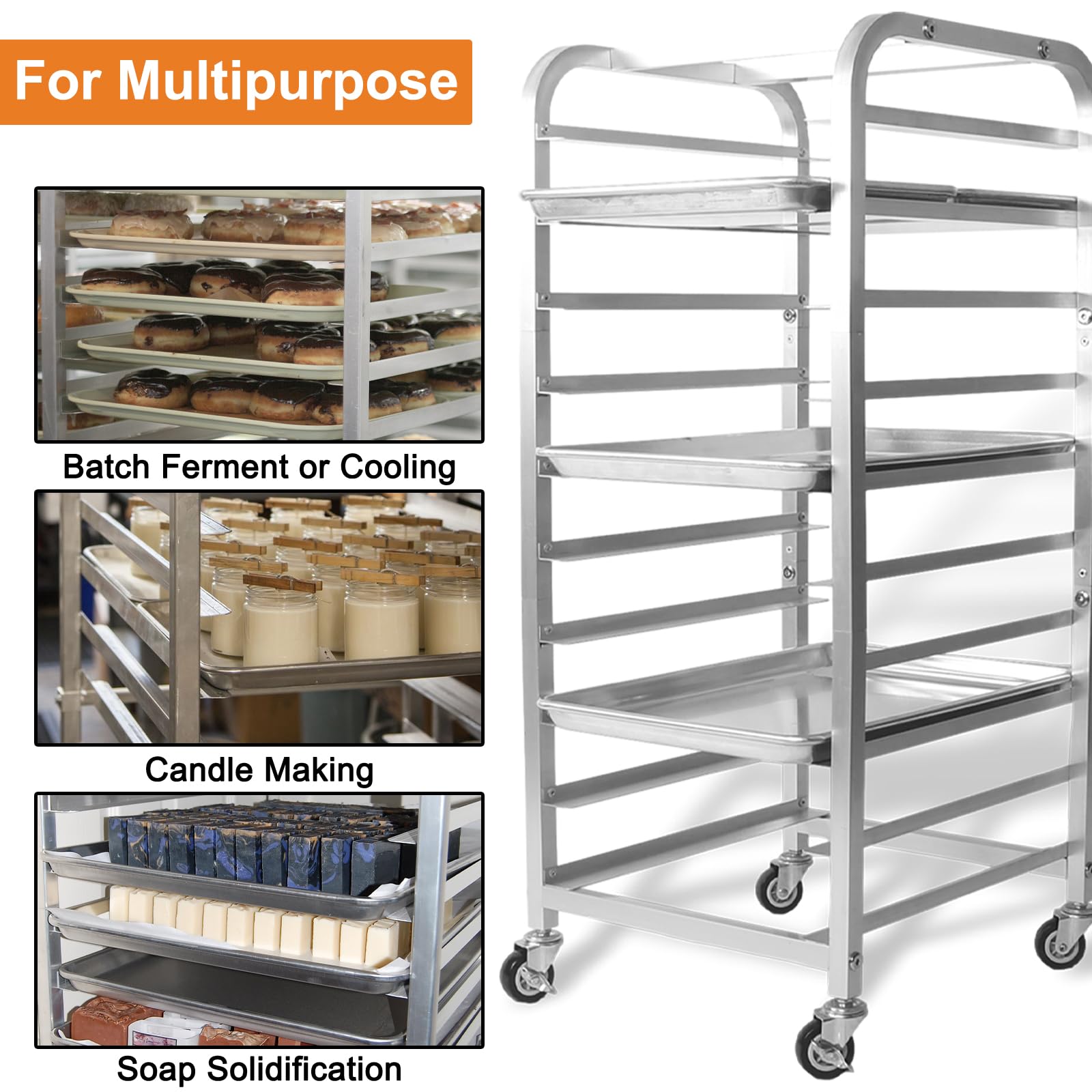 10-Tier Half Sheet Bakery Rack with Wheels - Heavy Duty Commercial Bread Cooling Rack for 1/2 & 1/4 Sheet Pans - Perfect for Bakeries, Restaurants, and Home Baking - Ideal for Bread, Pastries, Candles, and Soap Making