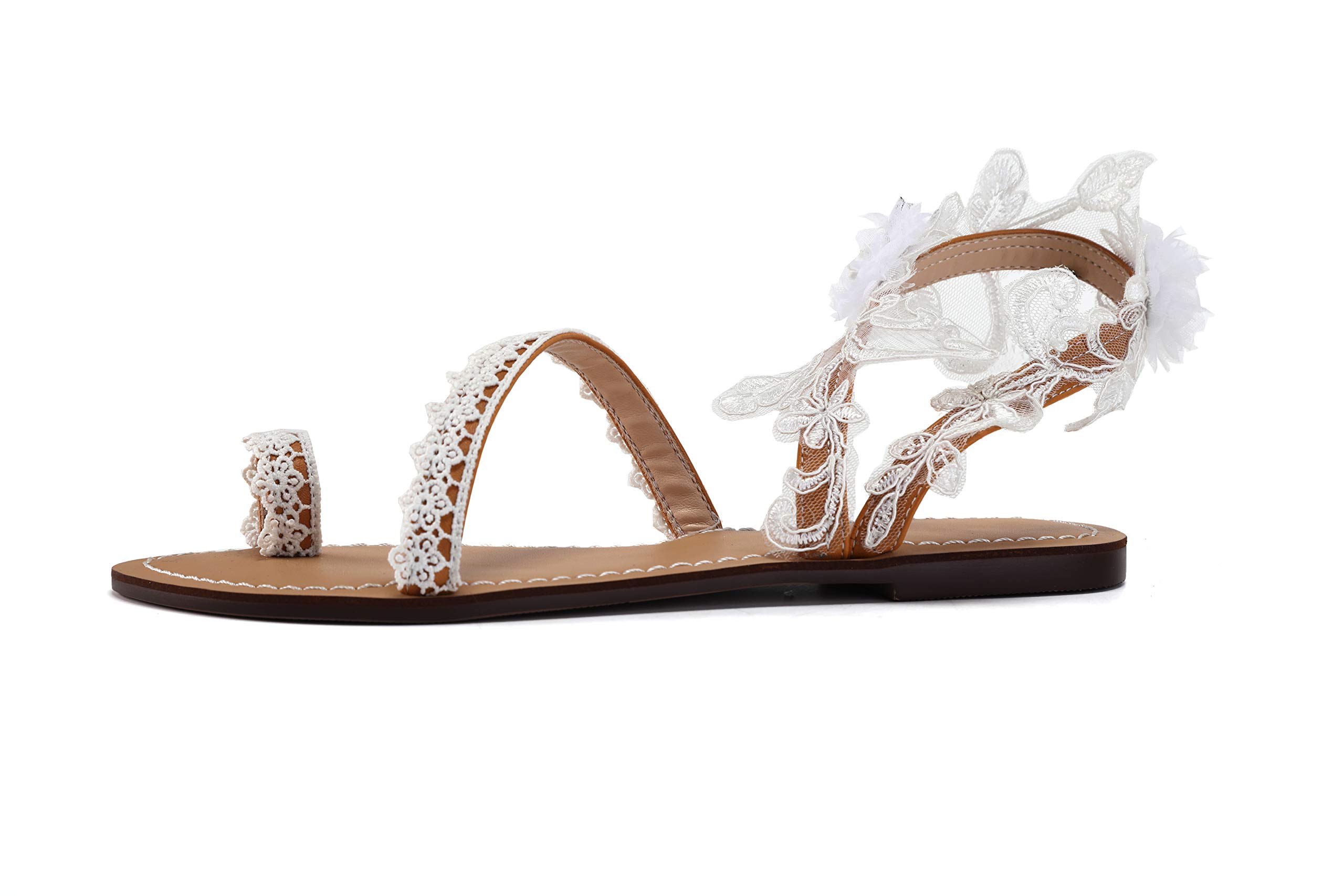 ZhuLinFeng Women's White Lace Wedding Sandals - Comfortable Flat Beach Bridal Shoes for Outdoor Ceremony, Party & Vacation - Size 6