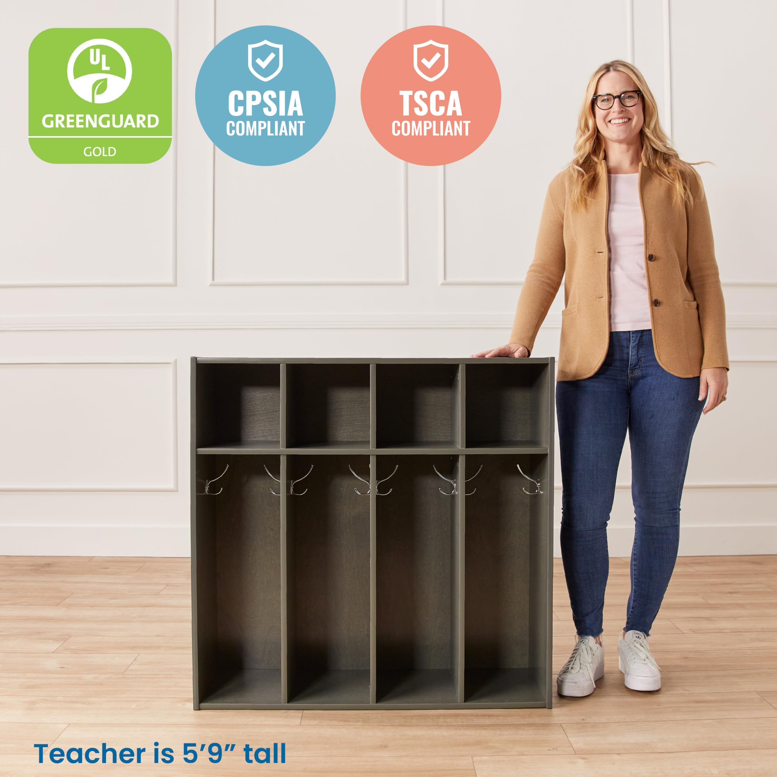 ECR4Kids Streamline 4-Section Toddler Coat Locker - Grey Wash Kids Furniture for Daycare, Preschool & Home Organization - Durable Storage Solution for Jackets, Backpacks & School Supplies