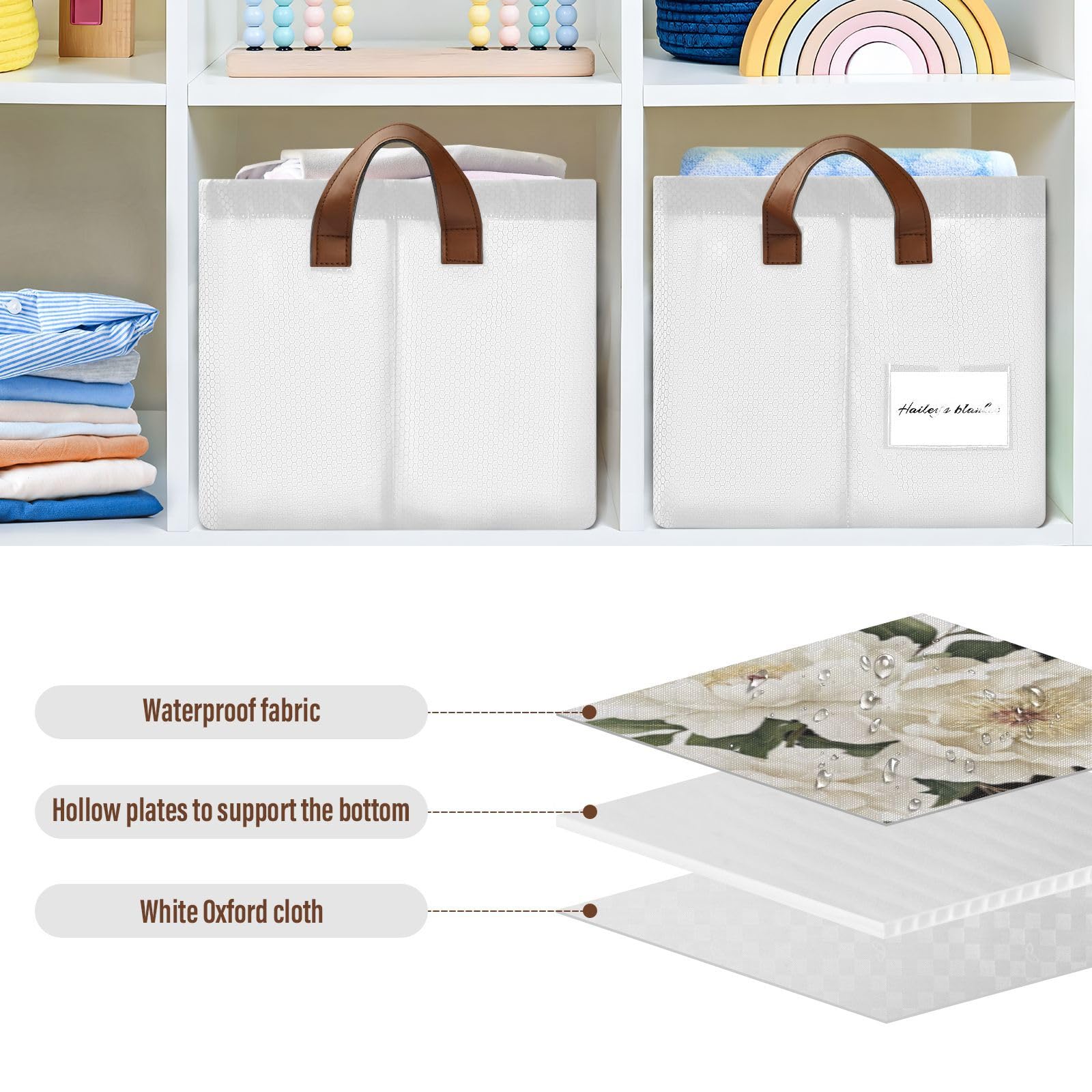 Personalized Floral Storage Basket with Handles & Clear Labels - Foldable Laundry Organizer Bin, Custom Name Collapsible Cube for Home, Kids Room, Closet & Shelf - Perfect for Wedding Gifts & Home Organization (2 Pack)