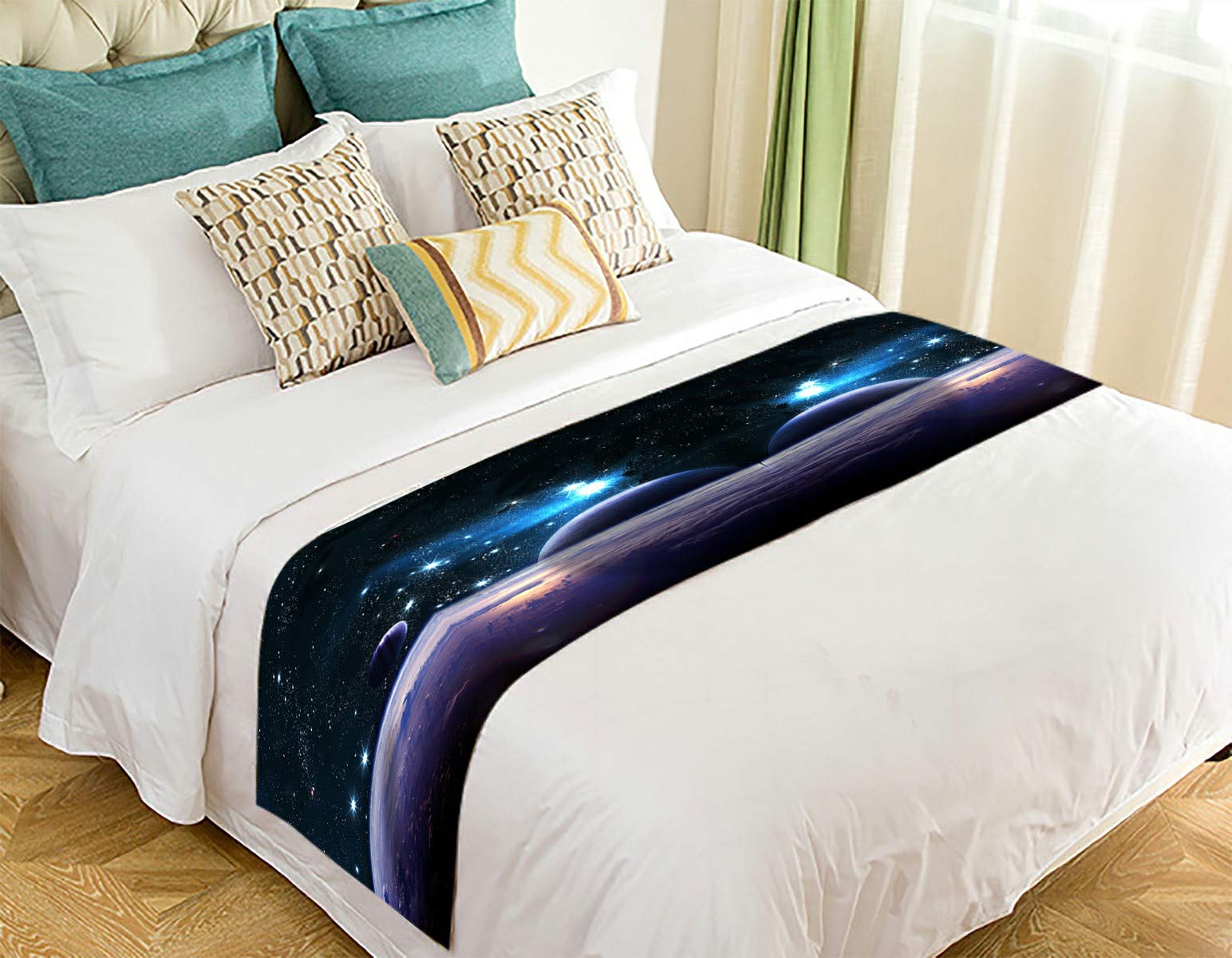 ECZJNT Planets Nebulae Space Bed Runner - 20x95 Inch Cosmic Galaxy Bed Scarf for Twin Queen King Beds - Stellar Home Decor for Astronomy Lovers & Space Themed Bedrooms