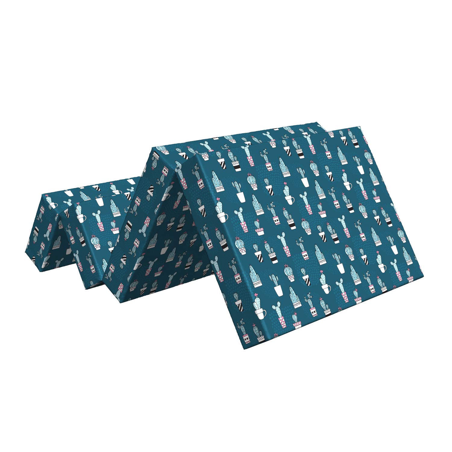 Ambesonne Cactus Foldable Mattress - Funny Succulents in Pots Design, 74.8 x 35.4 Inches, Petrol Blue Multicolor - Perfect for Guest Beds, Dorm Rooms & Camping Trips