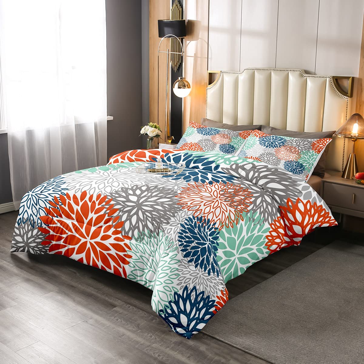 Dahlia & Chrysanthemum Floral Comforter Set - Queen Size Down Alternative Bedding with Abstract Sketch Art Print | Includes 1 Comforter & 2 Pillowcases | Perfect for Girls' Rooms, Women's Bedrooms & Boho Home Decor