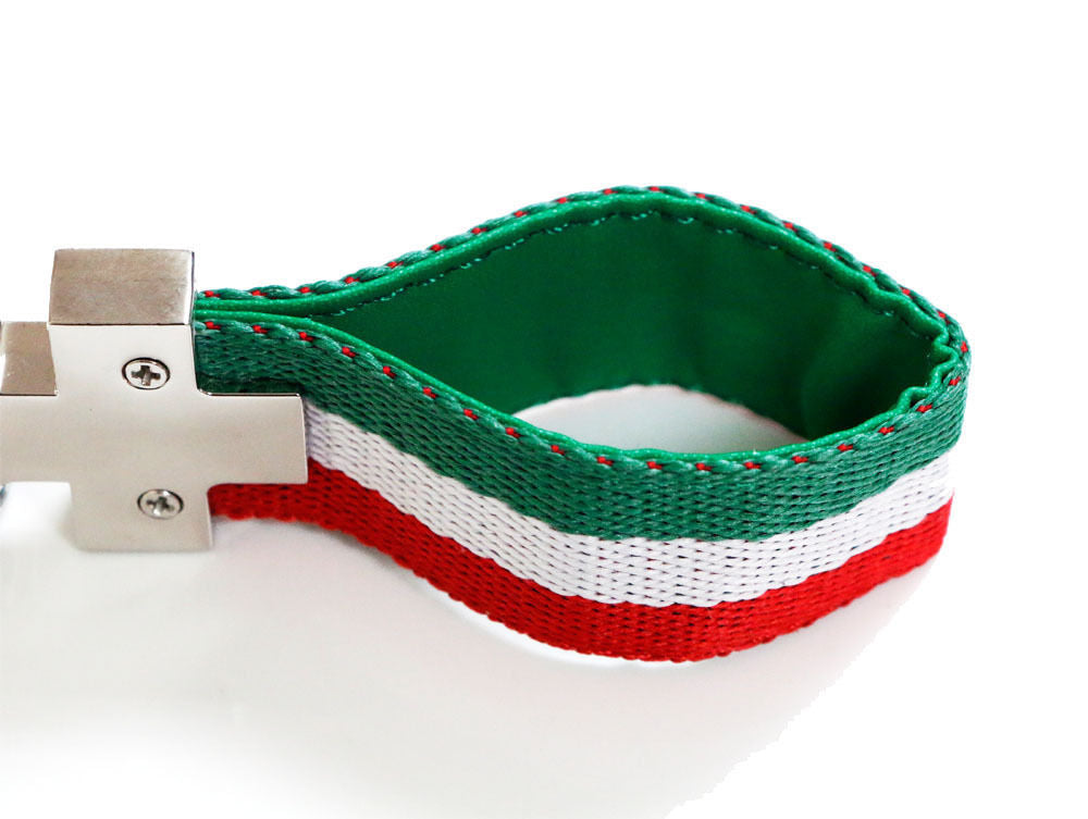 Italian Flag Stripe Nylon Keychain with Leather Key Fob - Euro Style Key Ring for Travel, Gifts & Everyday Use