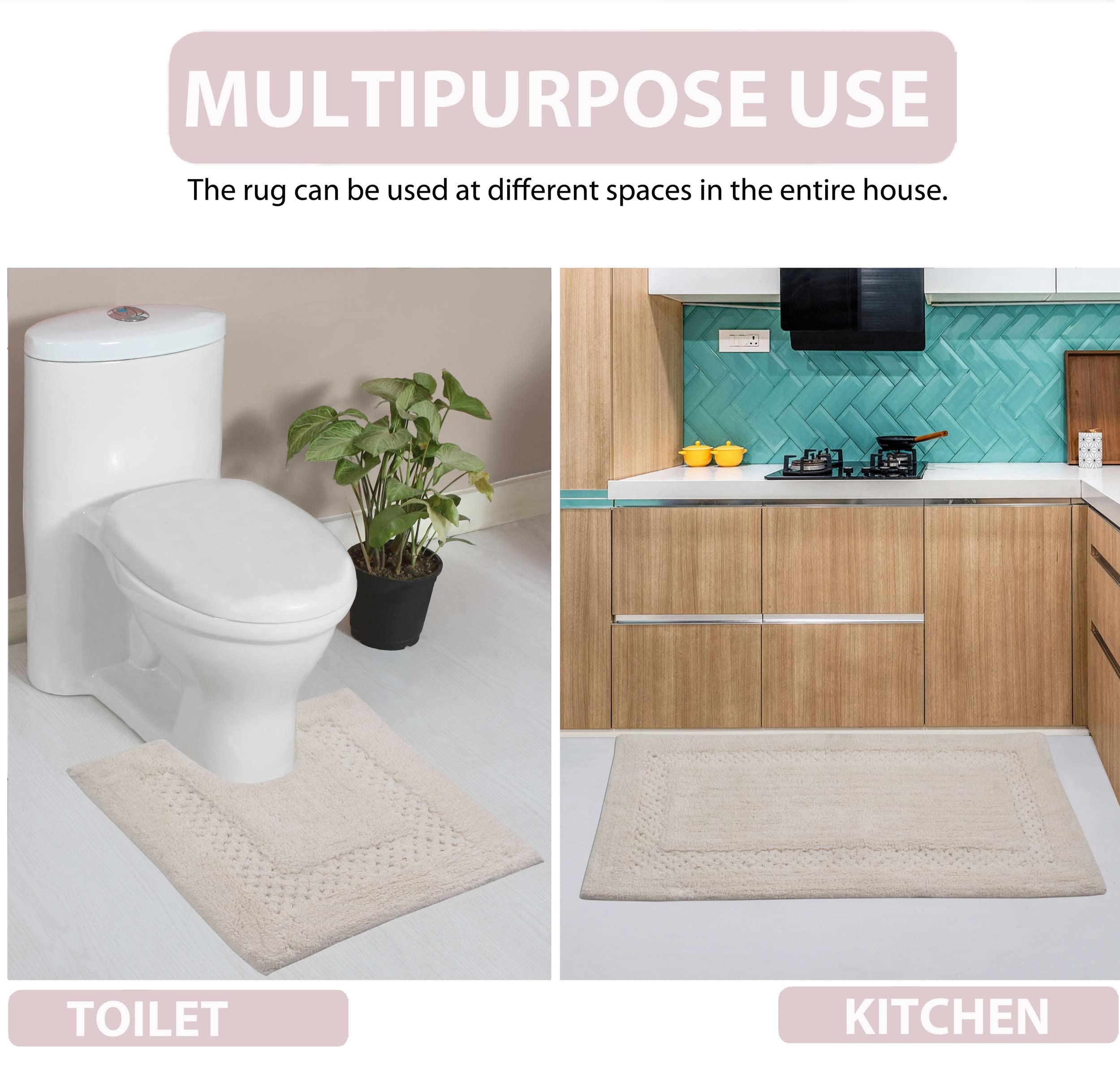 Premium 100% Cotton Bath Mat Set - Ultra Soft Absorbent Non-Slip Bathroom Rugs, Washable Contour Bath Mats for Bathroom & Kitchen Floor, 3-Piece Ivory Set - Perfect for Spa-Like Comfort & Safety