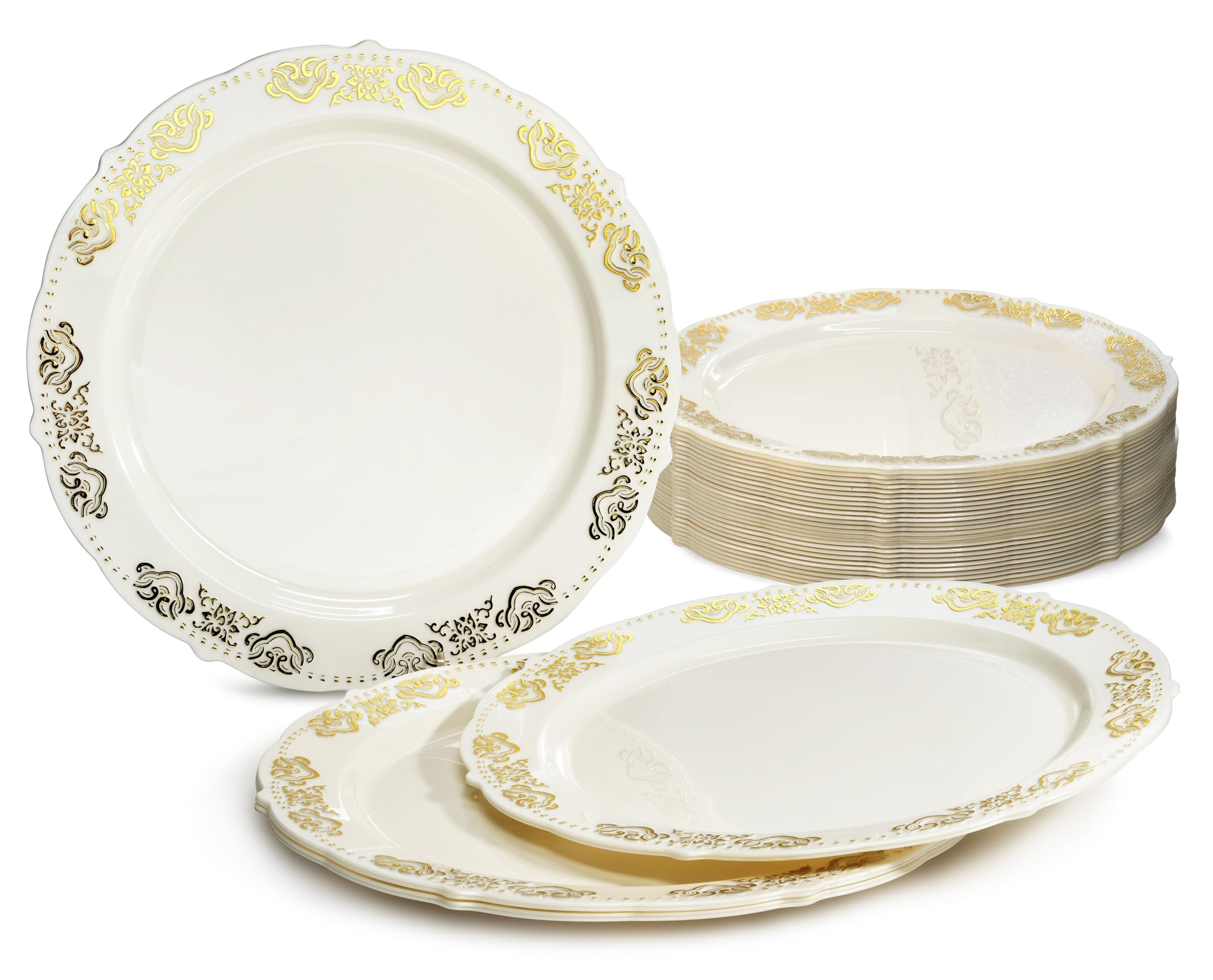 40-Pack Vintage Disposable Plastic Plates for Wedding & Party - 7.5'' Appetizer/Dessert Plates in Elegant Ivory & Gold (Portofino Collection) - Perfect for Bridal Showers, Anniversary Celebrations & Formal Events