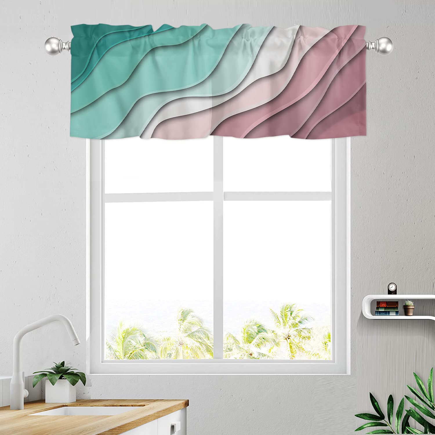 Modern Geometric Rod Pocket Valance - Green Abstract Beach Design Window Treatment (54