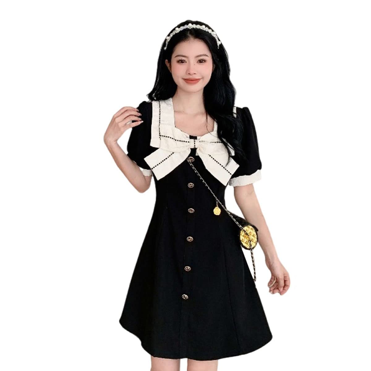 Vintage French Black Square Neck Bow Dress - Hepburn Style Women's Large Size | Perfect for Cocktail Parties, Weddings & Retro Fashion Events