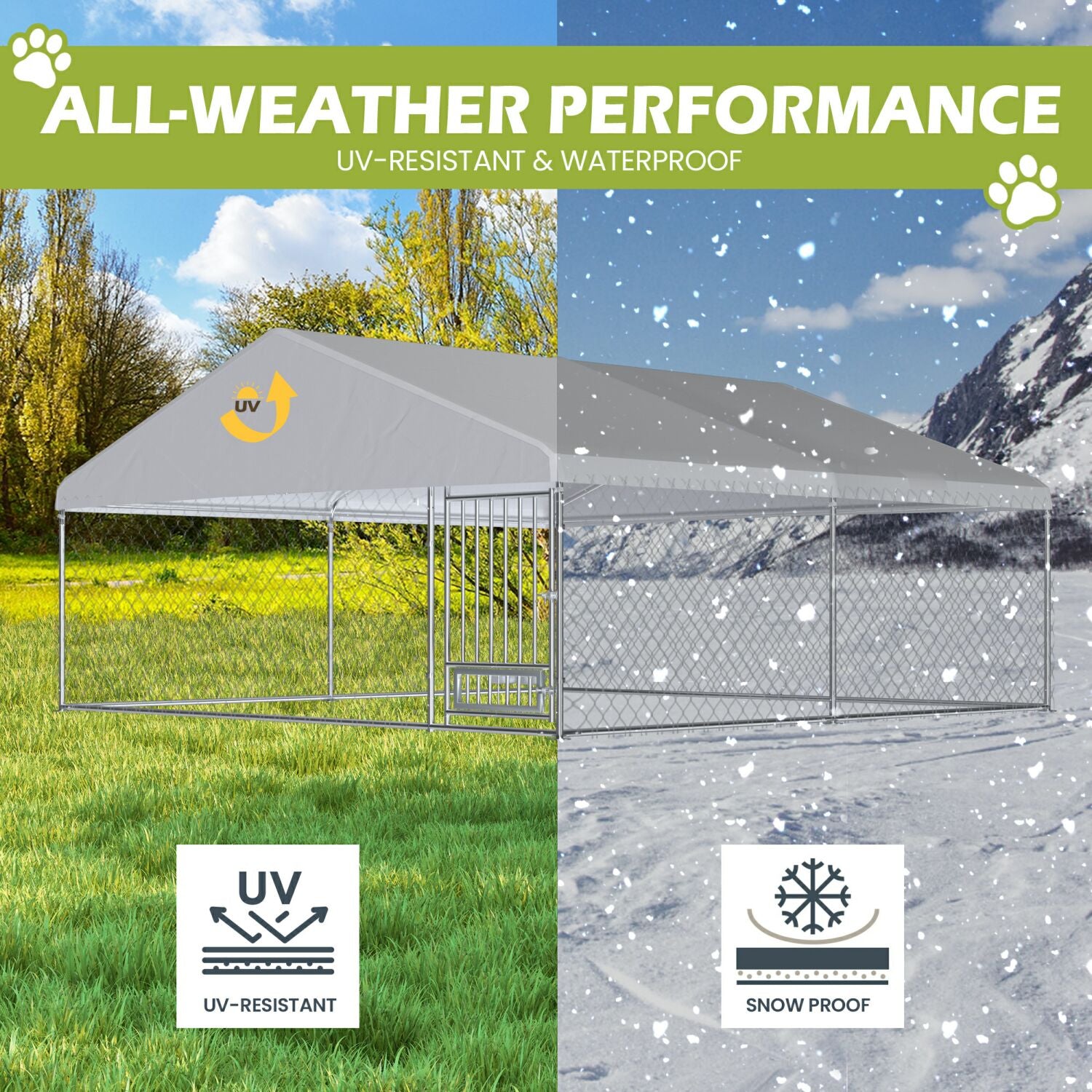 EROMMY 13x13ft Large Outdoor Dog Kennel - Waterproof Cover & Rotating Feeder - Heavy Duty Galvanized Steel Metal Cage with Lockable Door - Perfect for Backyard, Garden, and Pet Safety
