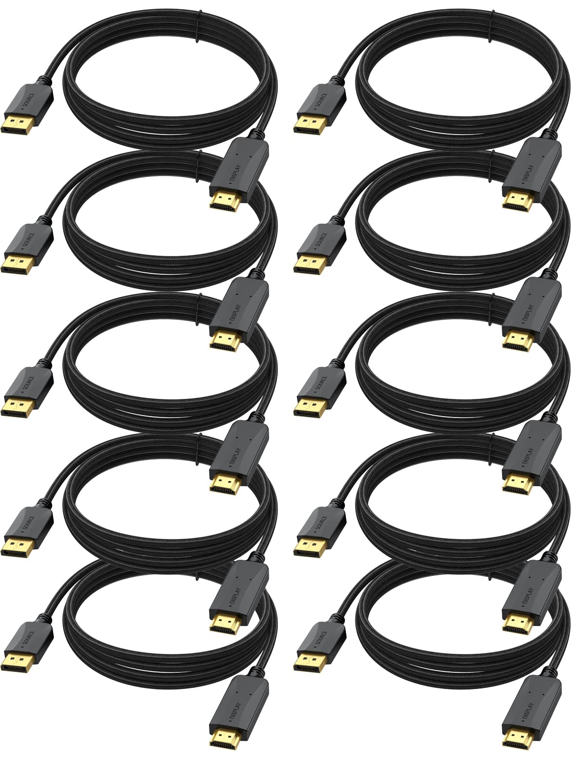 10-Pack 10ft DisplayPort to HDMI Cable Male to Male - Gold Plated Connectors, Nylon Braided, 4K@60Hz, HDR, Audio Support - for PC to HDTV, Monitor, Projector, Gaming & Home Theater Setup