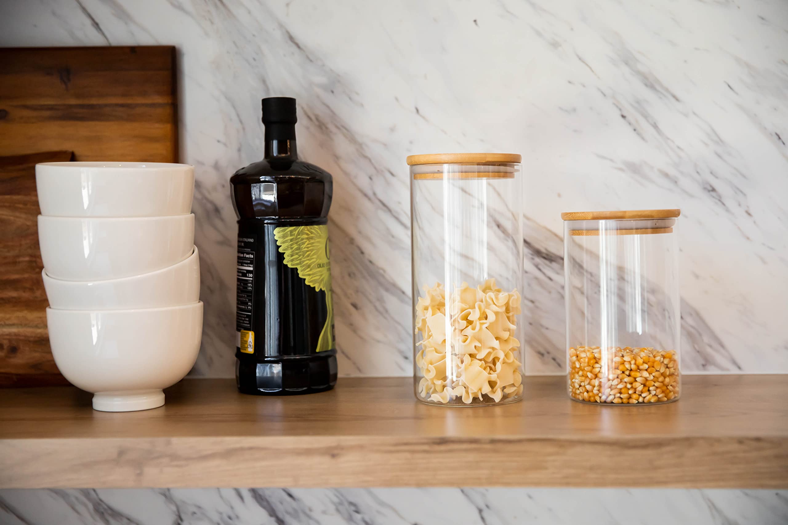 Eco-Friendly Glass Storage Containers with Bamboo Lids - 5-Pack Airtight Food Canisters for Pantry Organization - Includes Wooden Spoons, Chalkboard Labels & Marker - Perfect for Meal Prep, Baking Ingredients & Coffee Storage (GJ22)