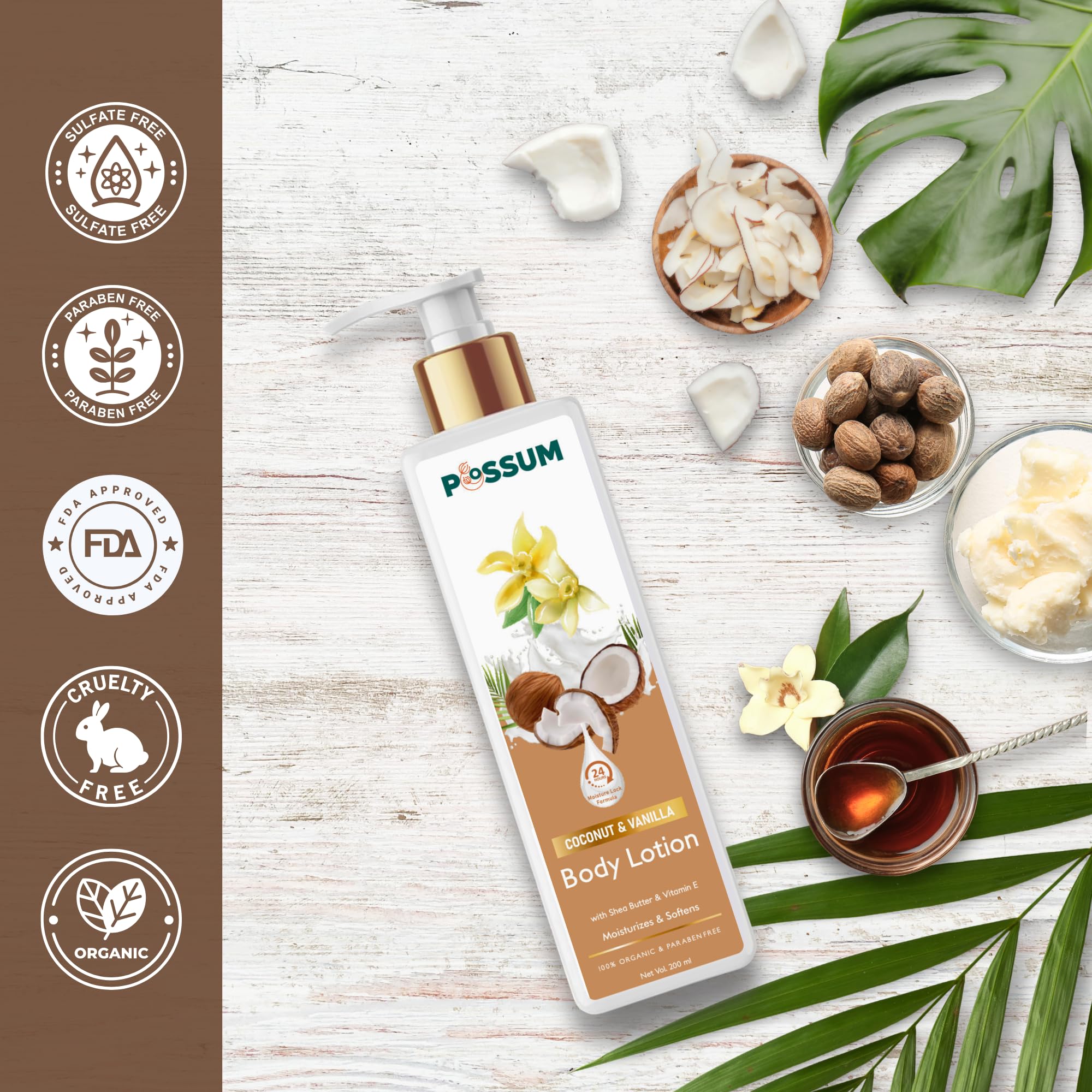 POSSUM Coconut Vanilla Body Lotion with Shea Butter & Vitamin E - Deep Moisturizing Cream for Dry Skin, Anti-Wrinkle Treatment, Paraben-Free, 200ml - Perfect for Daily Hydration & Nighttime Skin Repair