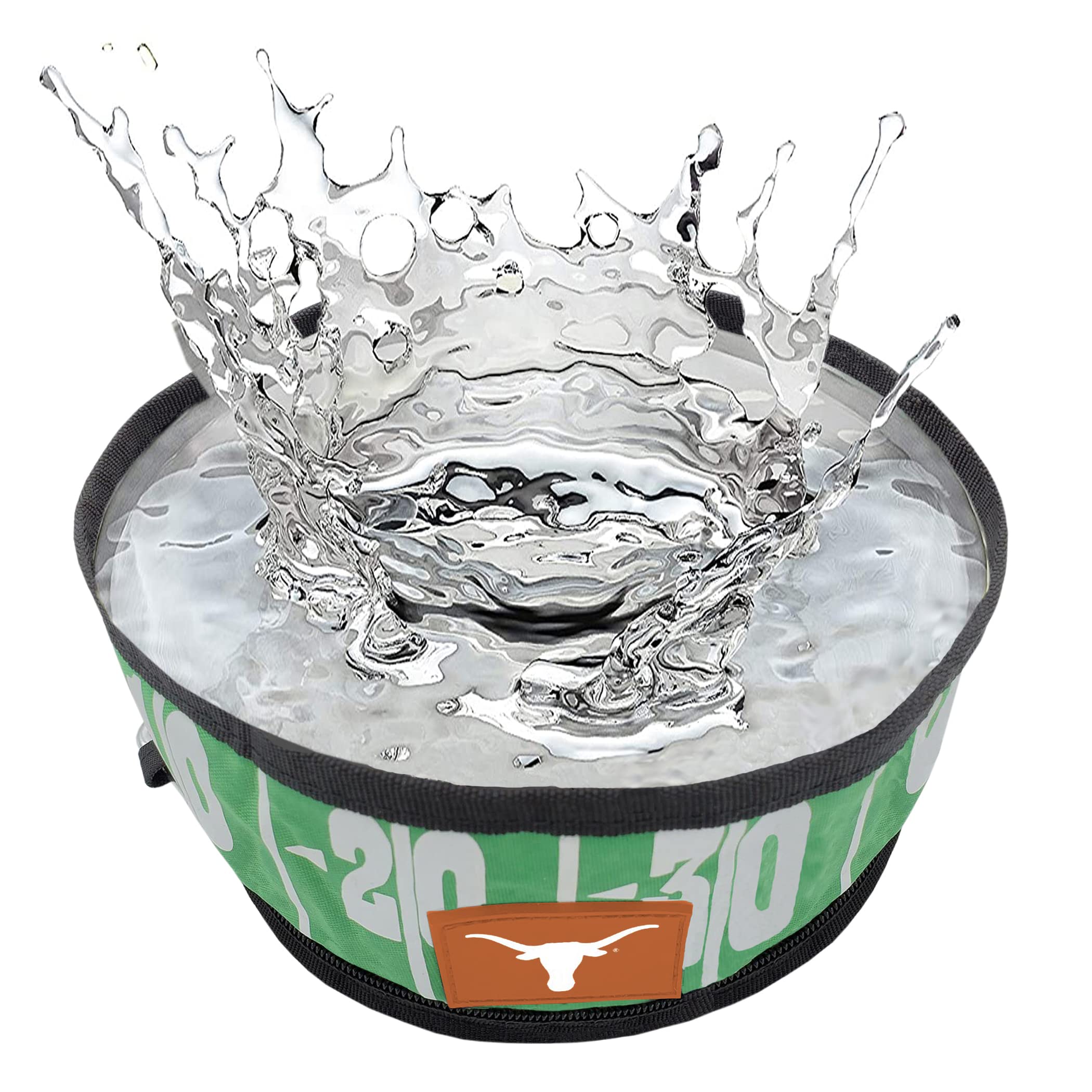 Texas Longhorns NCAA Collapsible Dog Travel Bowl - Portable Leak-Proof Pet Food & Water Dish for Dogs & Cats - Lightweight Football Field Design for Camping, Hiking & Road Trips