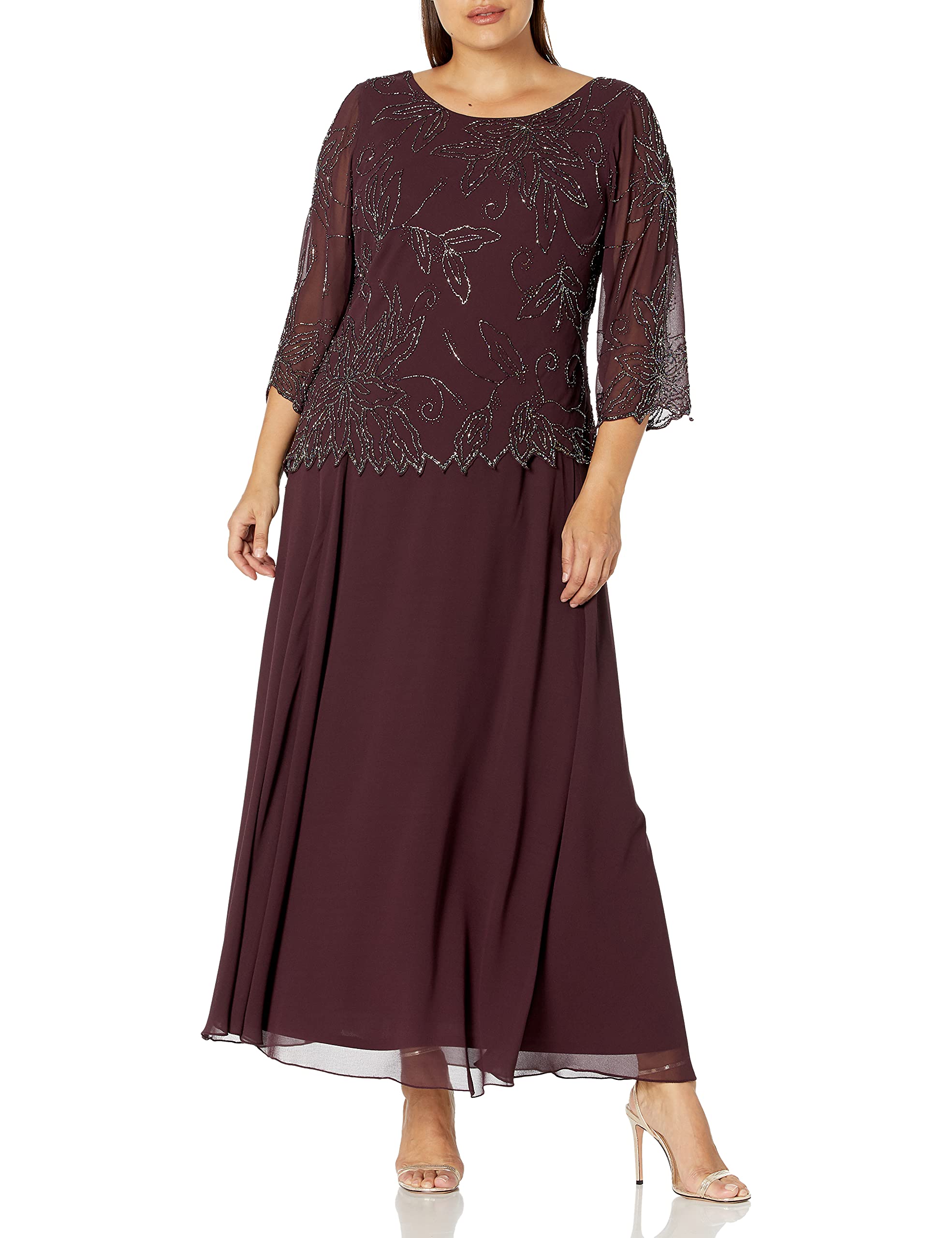 J Kara Women's Plus Size 3/4 Sleeve Scallop Edge Mock Flare Dress - Elegant Casual & Party Wear for Curvy Women
