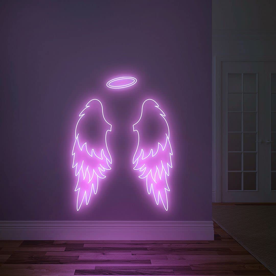 Angel Wings with Halo Neon Sign - Wall Decor for Bedroom, Home, Wedding & Party - Aesthetic Neon Lights for Room, Bathroom & Kitchen Décor - Perfect for Romantic Ambiance, Photo Backdrops & Themed Events