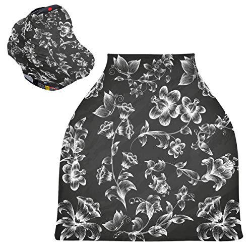 Stretchy Baby Car Seat Canopy - Black & White Floral Infant Stroller Cover, Multi-Use Car Seat Scarf & Nursing Cover for Breastfeeding | Perfect for Travel, Shopping & Outdoor Activities