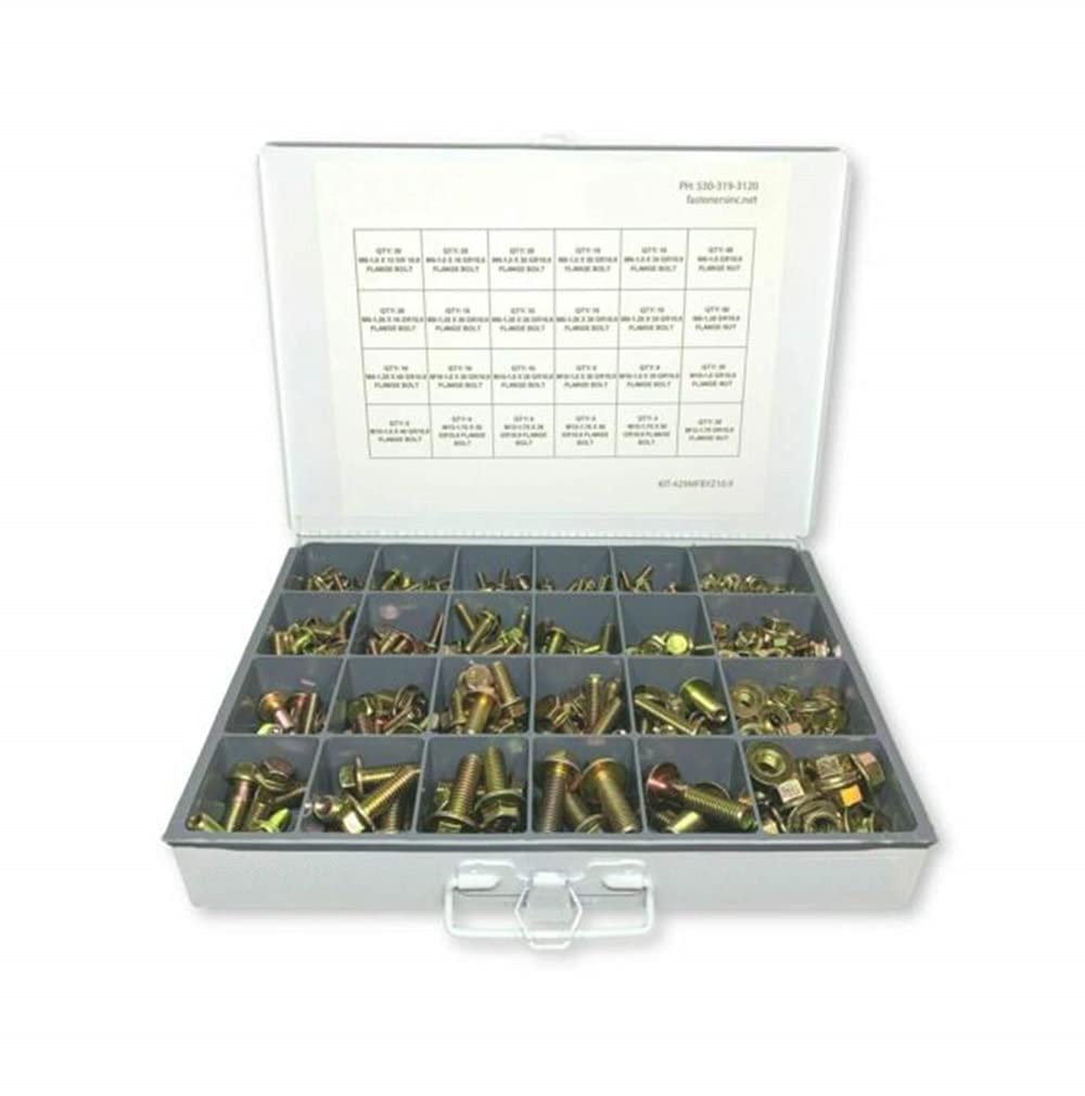 Yellow Zinc Grade 10.9 Metric Flange Bolt & Nut Assortment Kit - 429 Piece Hardware Fastener Set for Automotive, Machinery, and DIY Projects