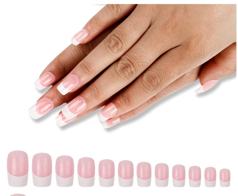 FASHION STORM® 12-Pack Natural French Short False Nails - Acrylic Classic Fake Nails with 12 Glue Tabs, Full Cover Nail Art Decorations for Women - Perfect for Daily Wear, Parties, and Special Occasions (Natural Pink)