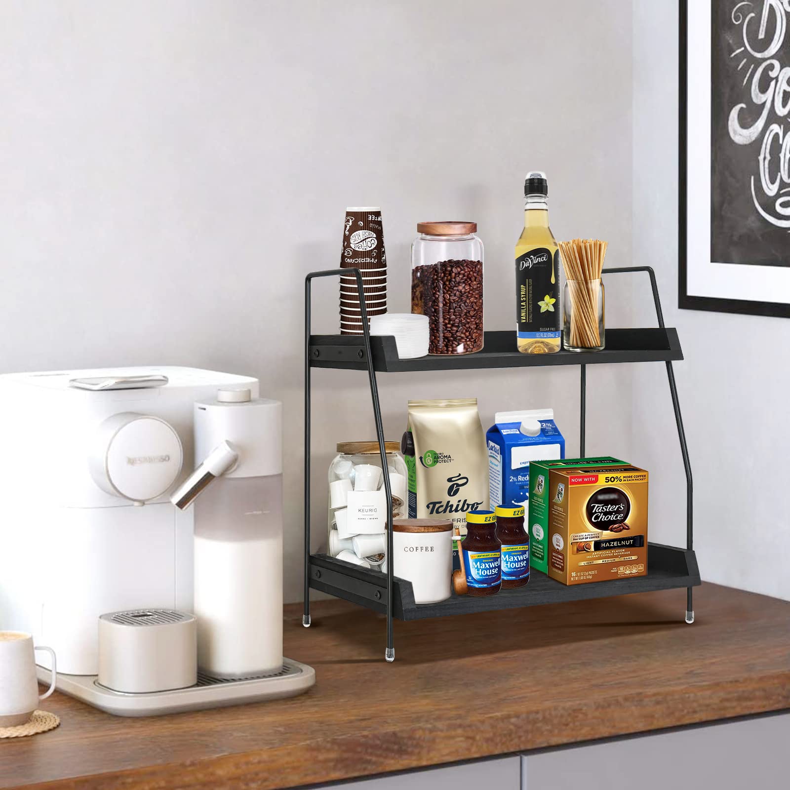 Premium Coffee Bar Organizer - Countertop Kitchen Shelf for Coffee Station, Condiment Storage & Cup Lid Holder | Multi-Purpose for Kitchen, Bathroom & Office (Black)