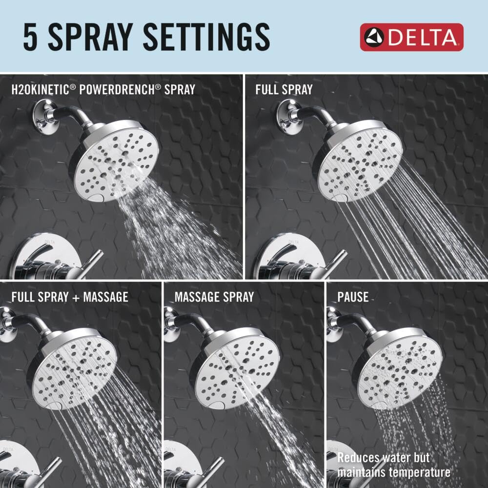 Delta Faucet Nicoli 14 Series Single-Handle Tub and Shower Trim Kit with 5-Spray H2Okinetic Shower Head - Chrome 144749 (Includes Shower Valve) - Perfect for Modern Bathroom Renovations and Spa-Like Shower Experiences