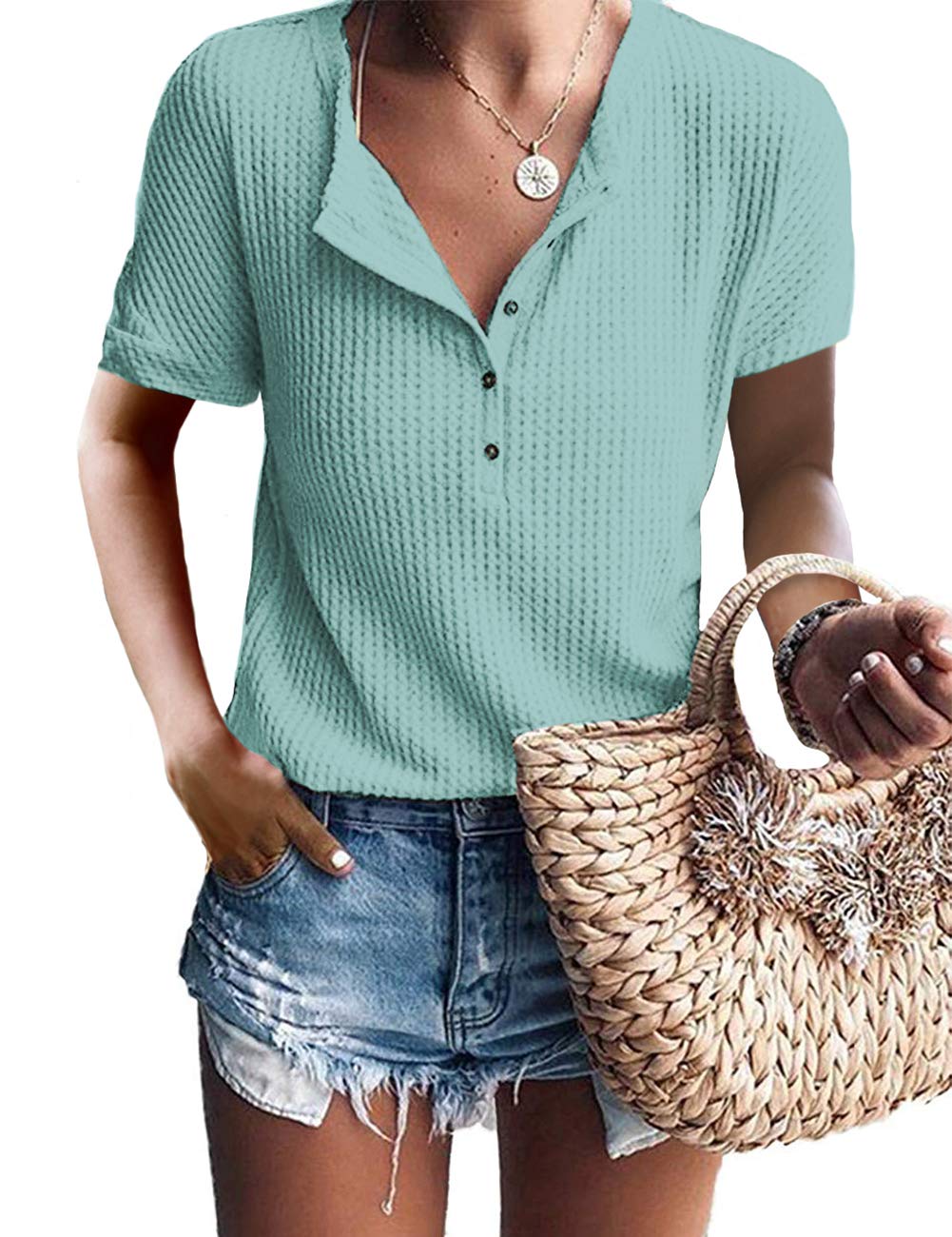 Glanzition Women's Casual V-Neck Button-Up Loose Waffle Knit Tunic Henley Shirt - Comfortable & Stylish Top for Work, Weekend & Layering Outfits