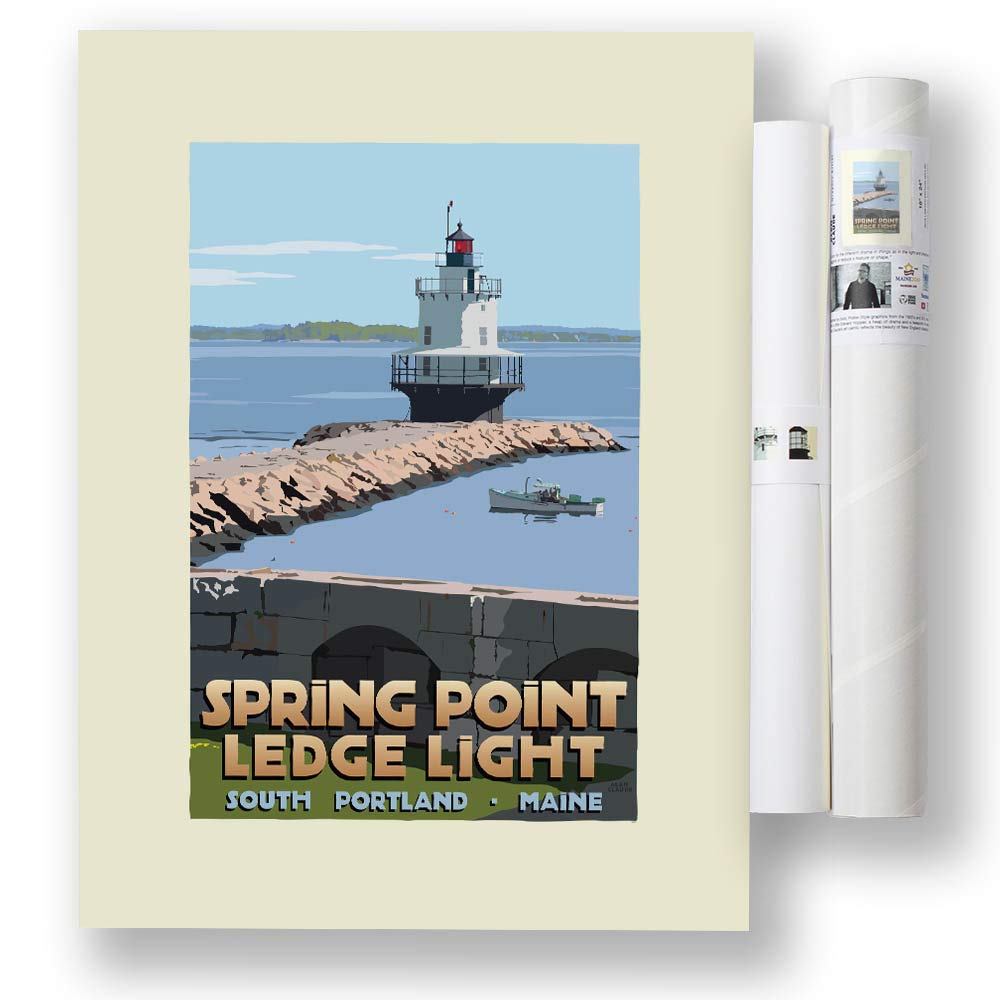 Spring Point Ledge Light Maine Lighthouse Print - 18x24 Inch Coastal Wall Art Poster for Home & Office Decor | Vintage Travel Poster, Nautical Theme Living Room & Bedroom Wall Decor