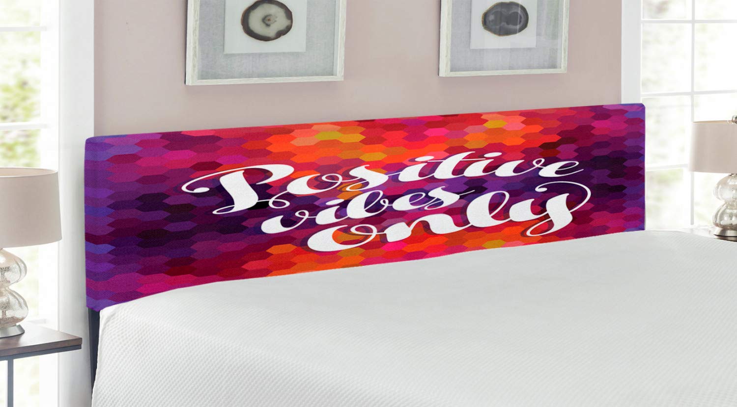 Ambesonne Geometric King Size Upholstered Headboard - Colorful Honeycomb Hexagonal Pattern with Positive Vibes Message, Decorative Metal Bed Frame with Memory Foam (Multicolor) | Perfect for Modern Bedroom Decor & Guest Room Styling
