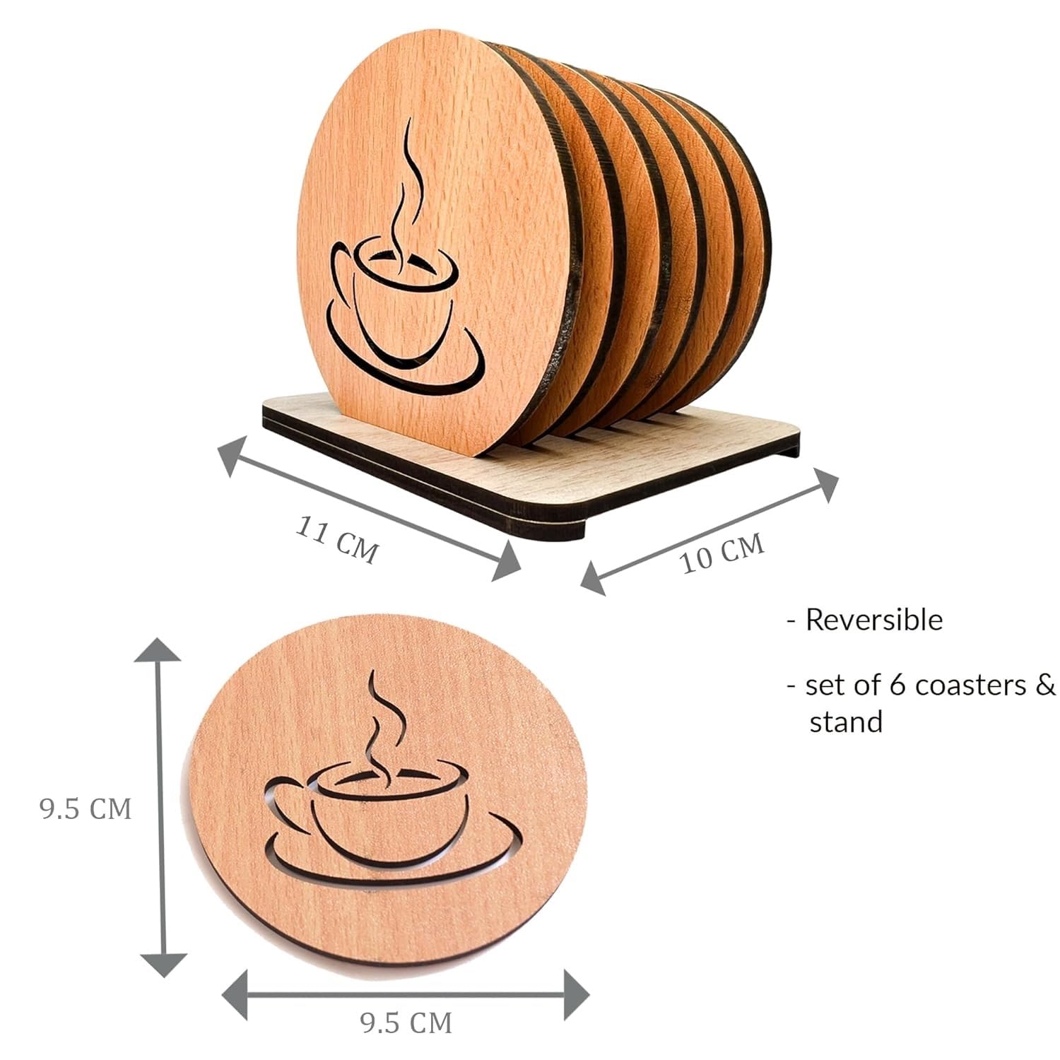 Handmade Wooden Carved Coaster Set of 6 with Decorative Holder - Natural Tabletop Drink Coasters for Tea, Coffee, Mugs & Beer Glasses - Perfect for Home Bar, Office Desk & Dining Table Decor