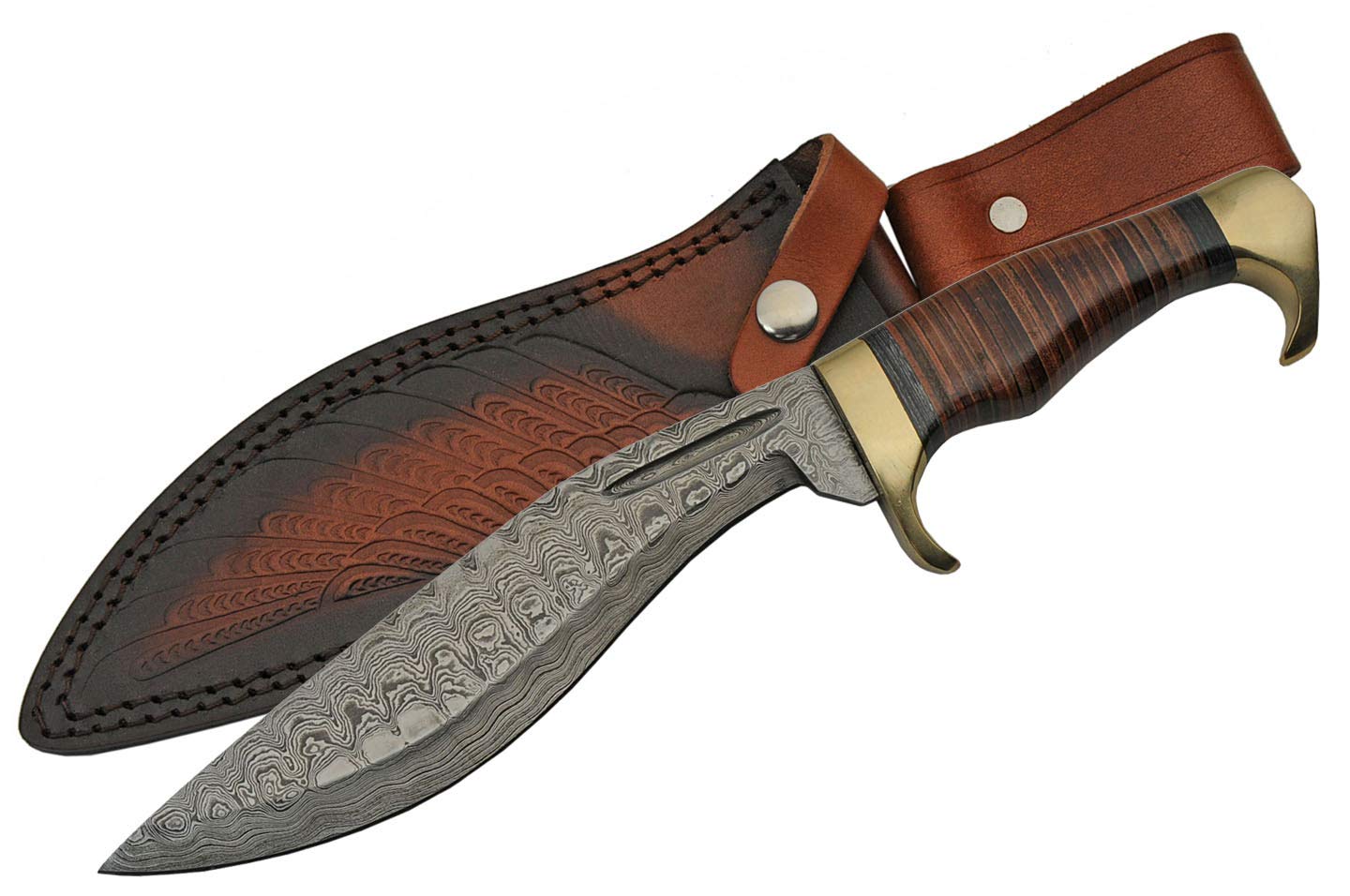 Szco Supplies 13.5 Inch Damascus Steel Leather Wrapped Kukri Knife - Brown Handle for Outdoor Camping, Hunting & Survival