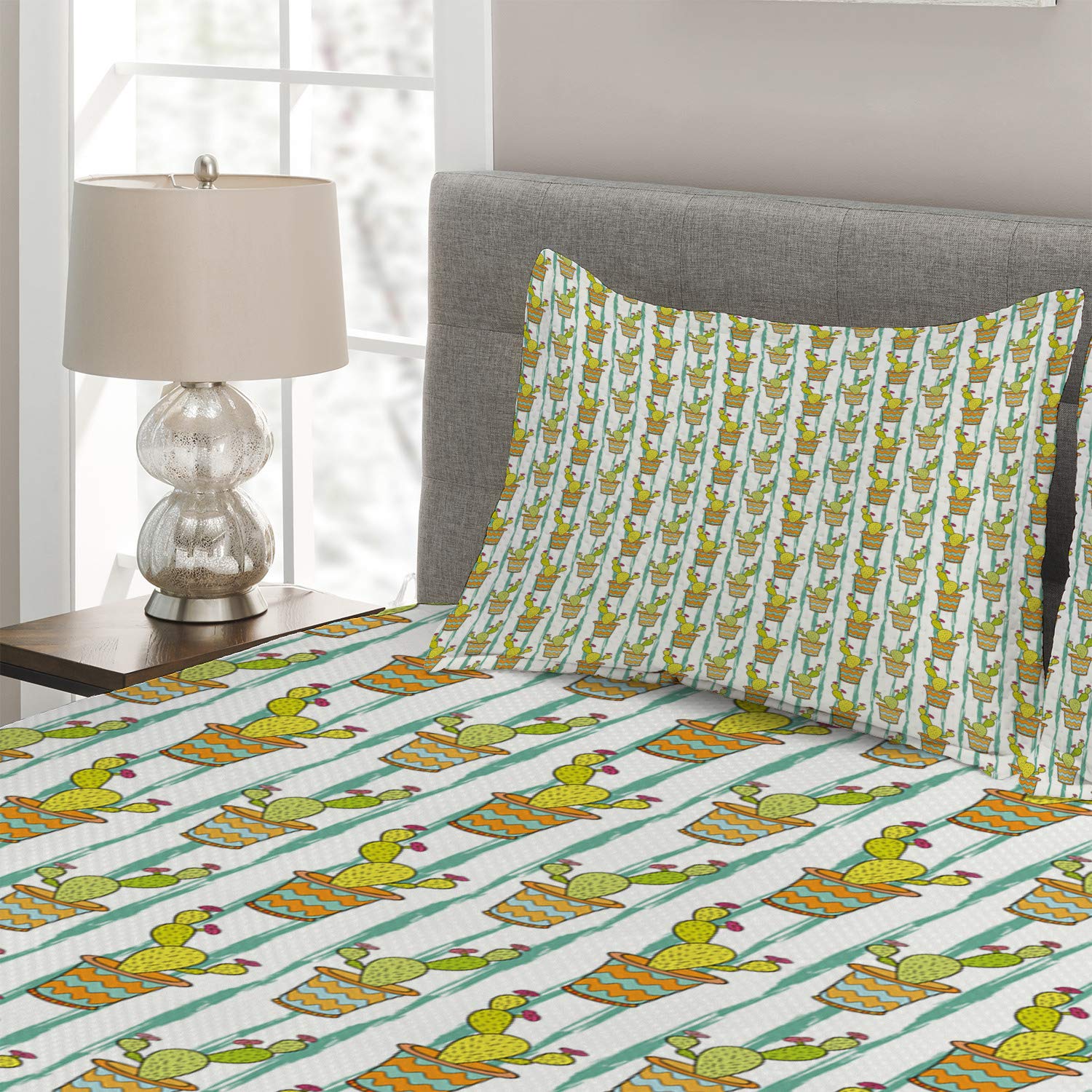 Ambesonne King Size 3-Piece Cactus Quilted Bedspread Set with 2 Pillow Shams | Green Orange Mint Chevron Pattern | Cartoon Cactus Design | Perfect for Boho Bedroom Decor, Guest Room, or Dorm Room