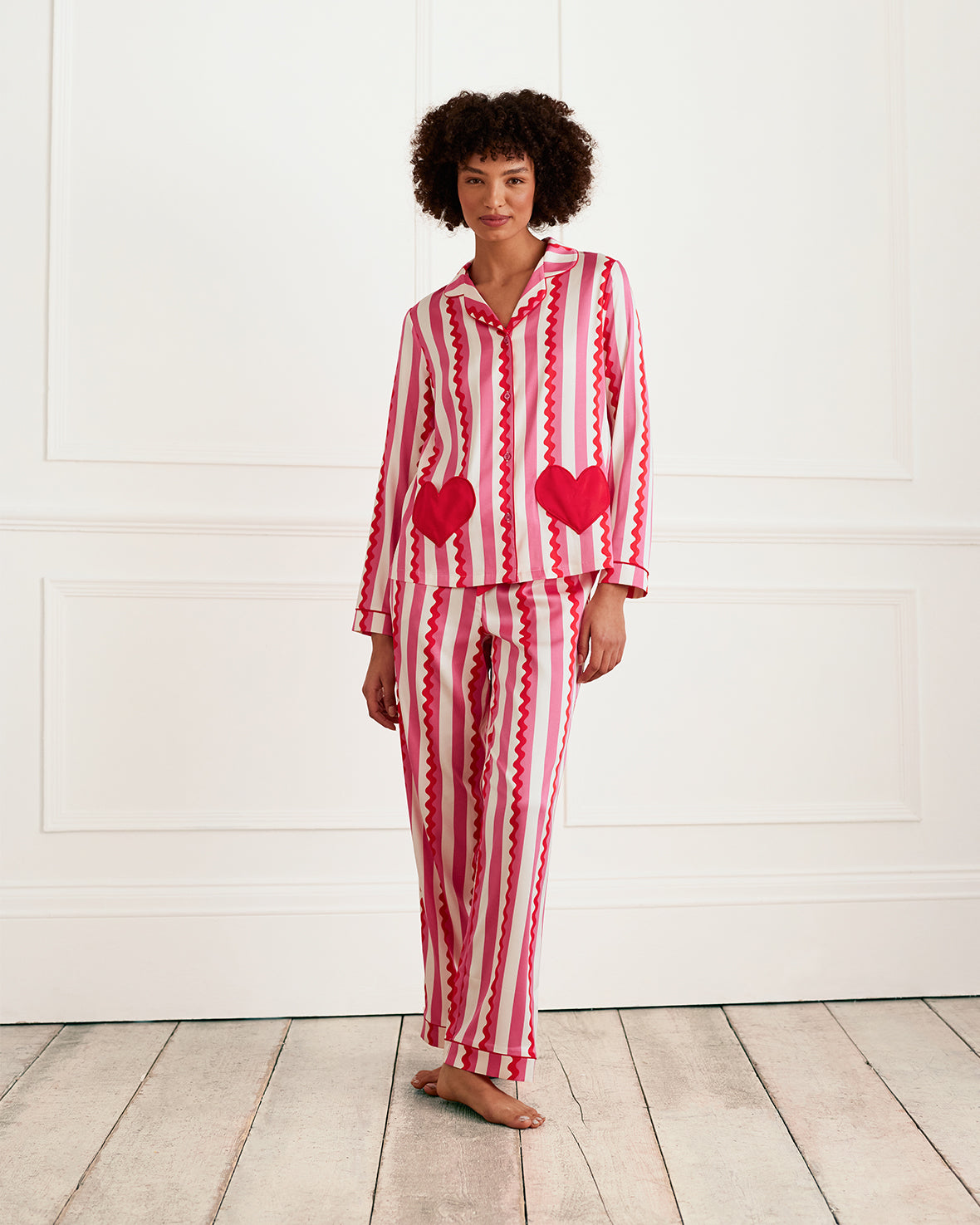 Satin Heart Pocket Striped Long Pajama Set for Women - Soft & Comfortable Sleepwear for Nighttime & Lounging - Valentine's Day Gift Idea