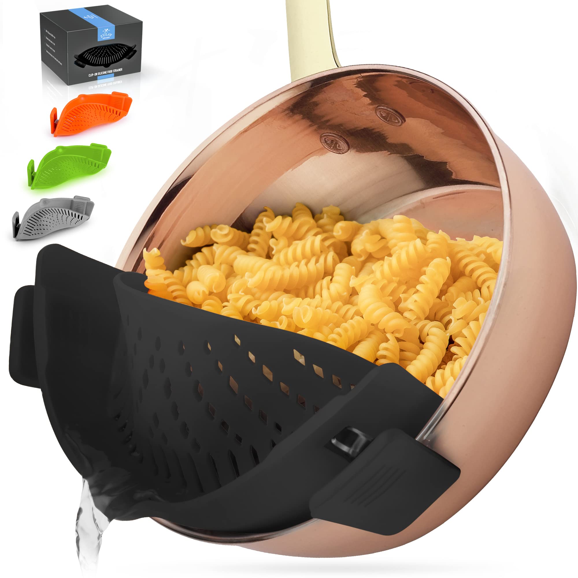 Zulay Premium Silicone Pot Strainer - Adjustable Snap-On Strainer for Most Pots & Pans - Heat Resistant & Food Grade Silicone Colander for Draining Pasta, Vegetables & Fruits - Perfect for Cooking, Meal Prep & Healthy Eating (Black)