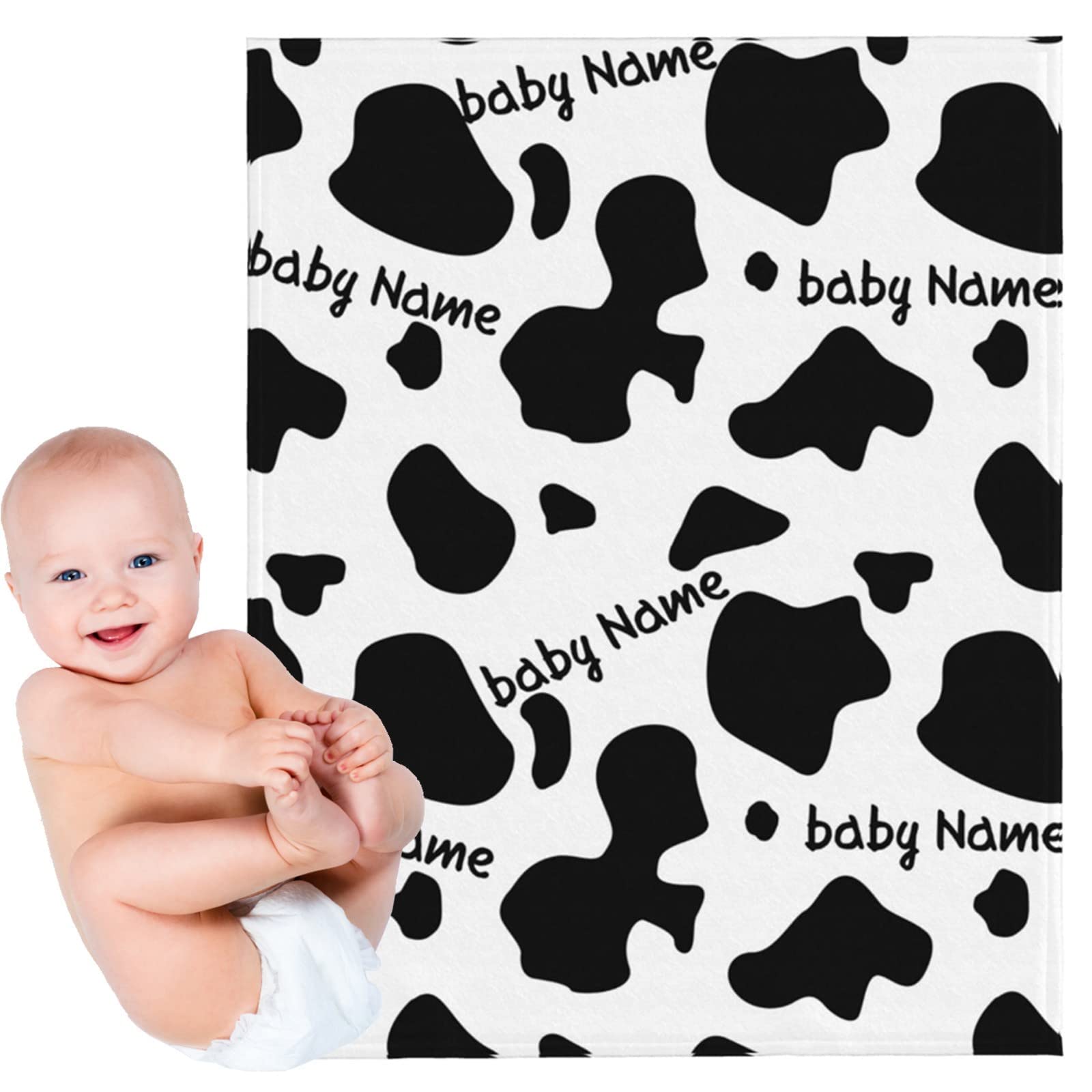Personalized Baby Blankets with Name - Soft Monogrammed Swaddling Blankets for Newborn Boys & Girls - Custom Unisex Baby Gift for Showers & Birthdays - Cute Milk Cow Design for Nursery, Travel & Photo Shoots