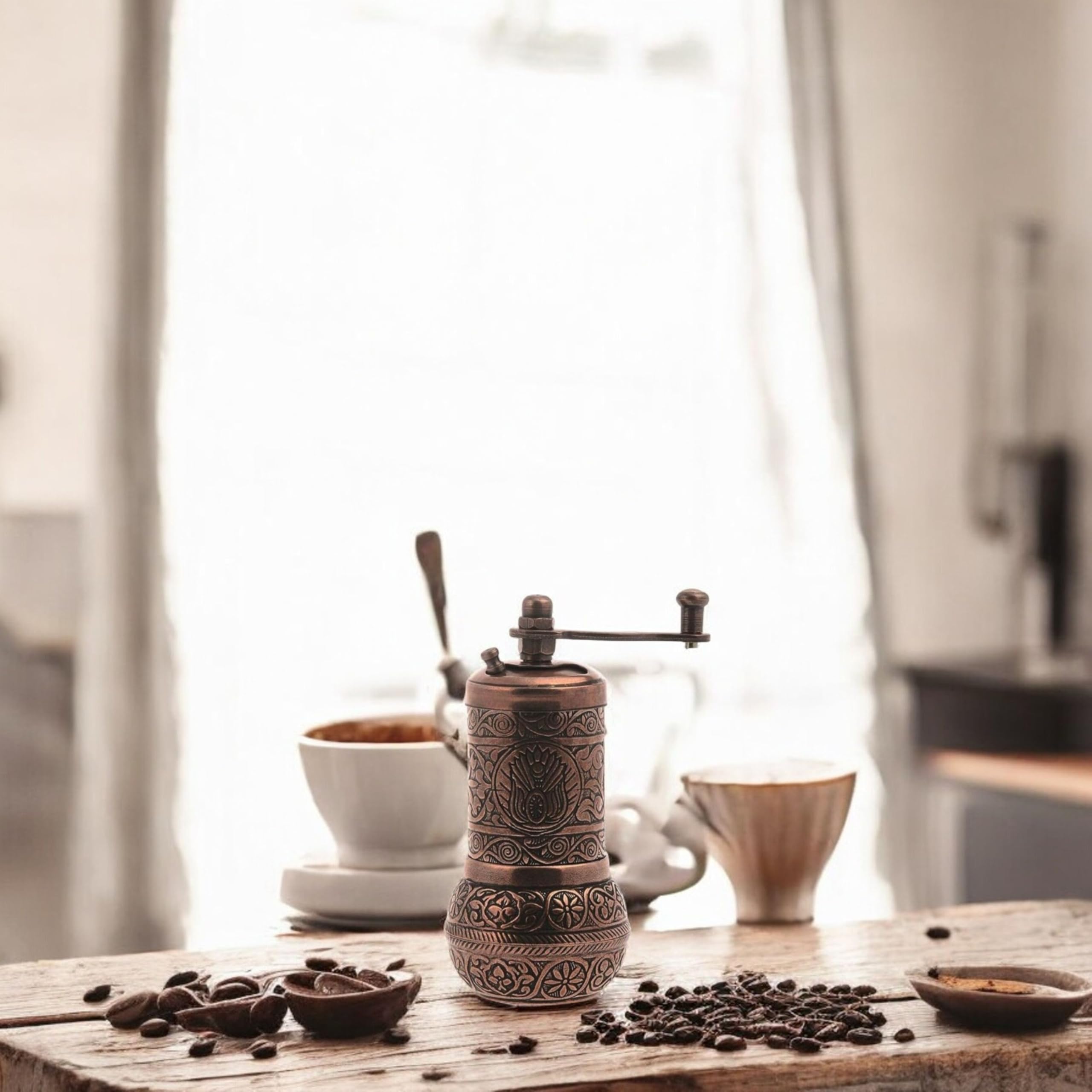 LaModaHome Antique Copper Manual Coffee Grinder - Hand Mill for Turkish, Greek & Arabic Coffee Beans, Spices, Pepper & Salt - Brass Construction - Perfect for Home Brewing, Camping & Gifts