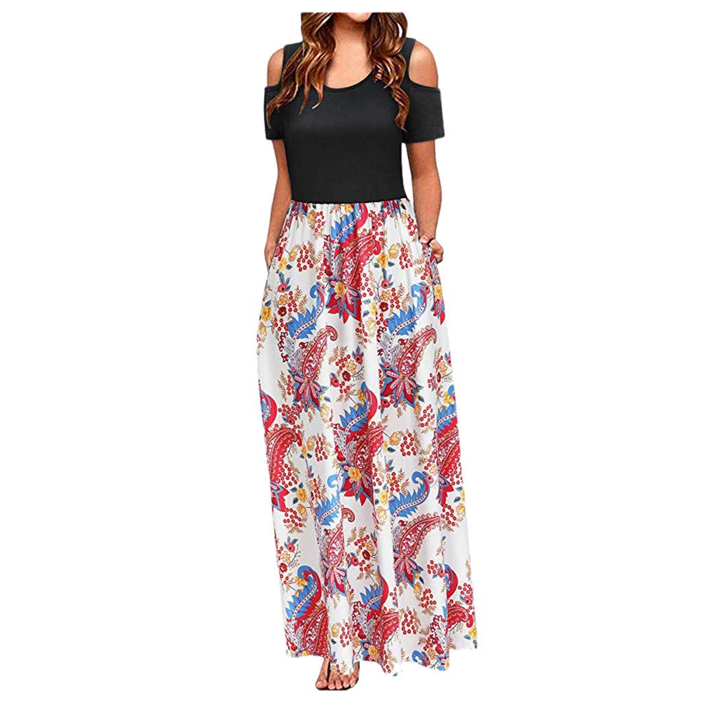 Elegant Floral Print Summer Maxi Dress for Women - Long Sleeve Shoulder Dress with Pockets in Blue | Perfect for Beach Vacations, Date Nights & Casual Outings