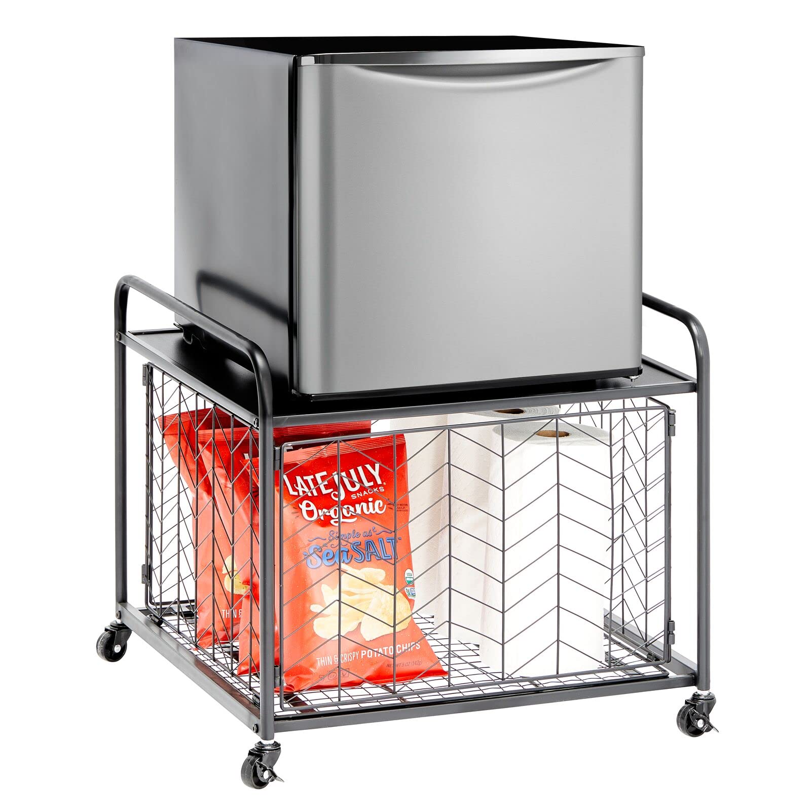 mDesign Small Portable Mini Fridge Storage Cart with Wheels - Mobile Rolling Organizer for Refrigerator, Microwave & Appliances - Includes Drawer Basket - Perfect for Dorm Room, Studio & Small Apartments - Black - Ideal for Kitchen Storage, Bedroom Organization & Small Space Living
