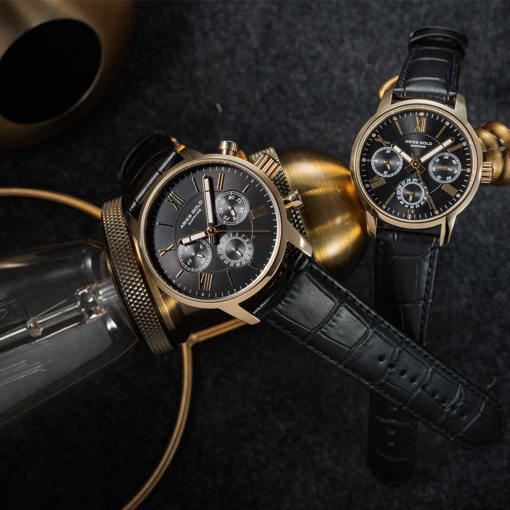 ARIES GOLD URBAN ETERNAL G 103 & B 103 BK Luxury Couple Watches Set - Perfect for Anniversary Gifts, Wedding Presents & Romantic Occasions
