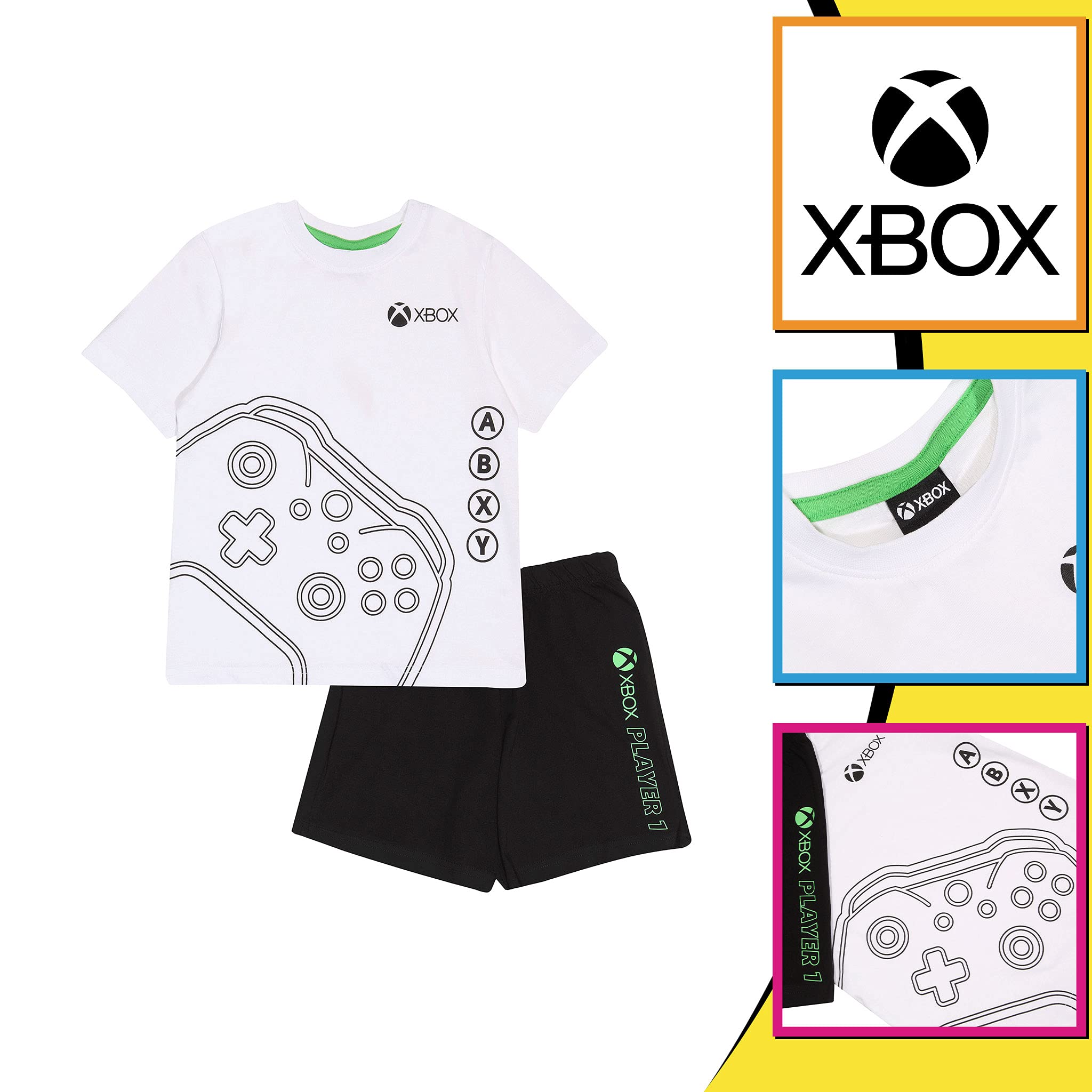 Official Xbox Controller Printed Kids Pajama Set - Short Sleeve & Shorts for Boys & Girls Ages 5-14 (White/Black) - Perfect for Gaming Nights & Sleepovers