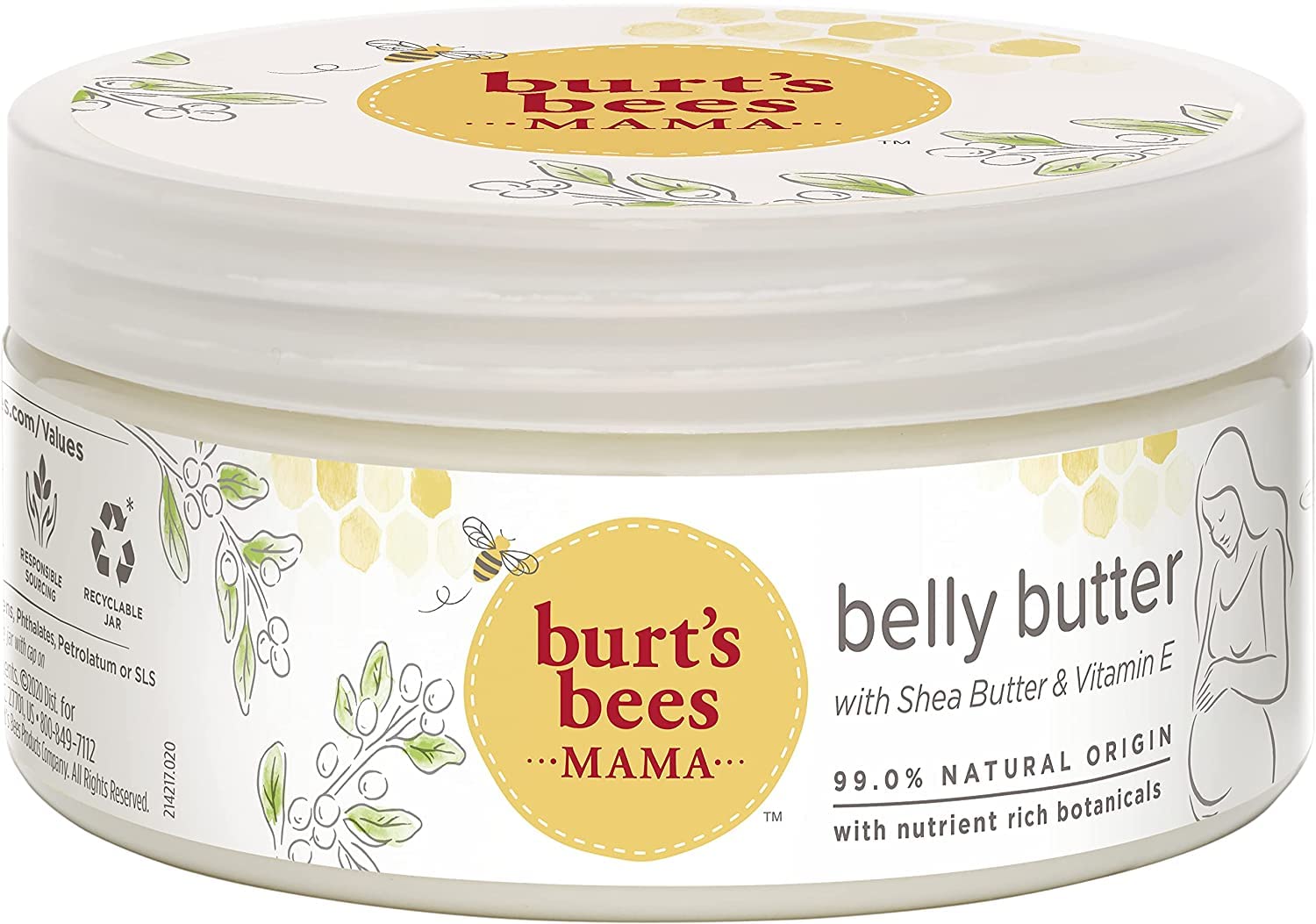Burt's Bees Stretch Mark Cream & Pregnancy Belly Butter - Nourishing Shea Butter & Vitamin E, 185g - Perfect for Maternity Skincare & Postpartum Recovery
