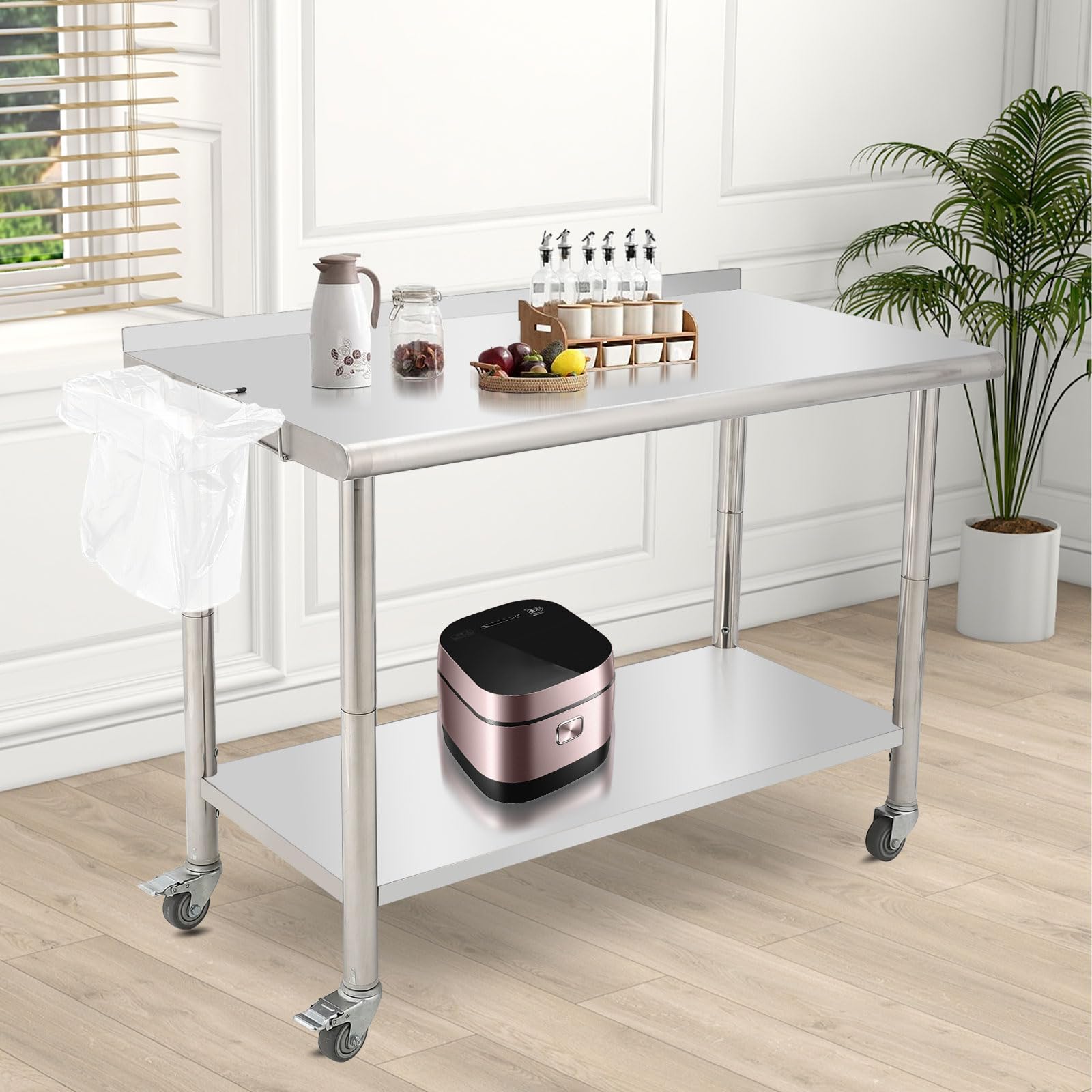 Stainless Steel Commercial Work Table 48x24 Inch - Heavy Duty Prep Table with Undershelf, Backsplash & 4 Wheels - High Load Bearing Kitchen Island for Restaurant, Bakery, Food Truck & Catering Business