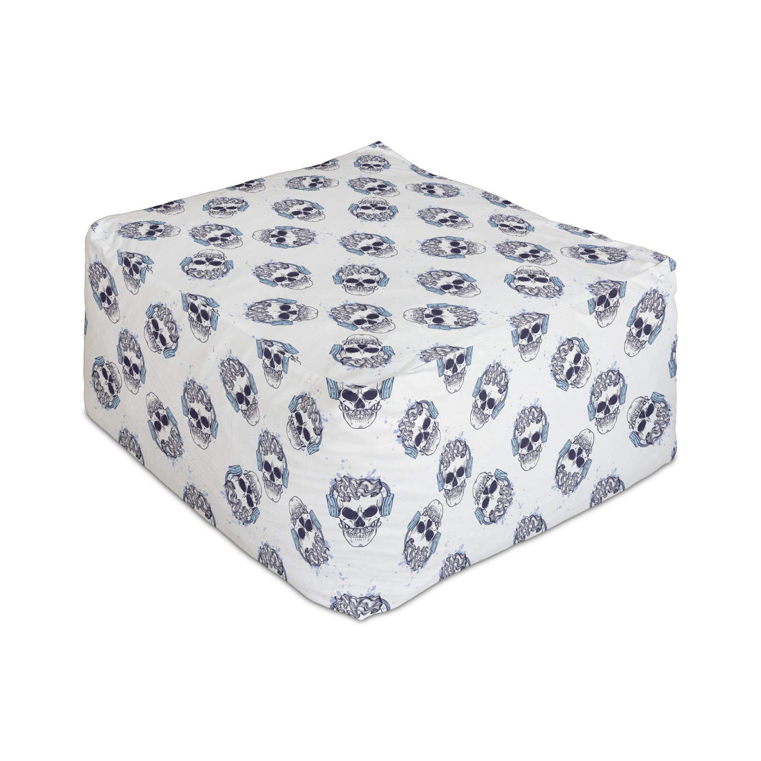 Ambesonne Hipster Rectangle Pouf Ottoman - Skull & Headphones Print Foot Rest Stool for Living Room & Office - 25 Inch Indigo Blue Under Desk Storage with Removable Cover - Perfect for Gaming Rooms, Dorm Decor & Lounge Seating