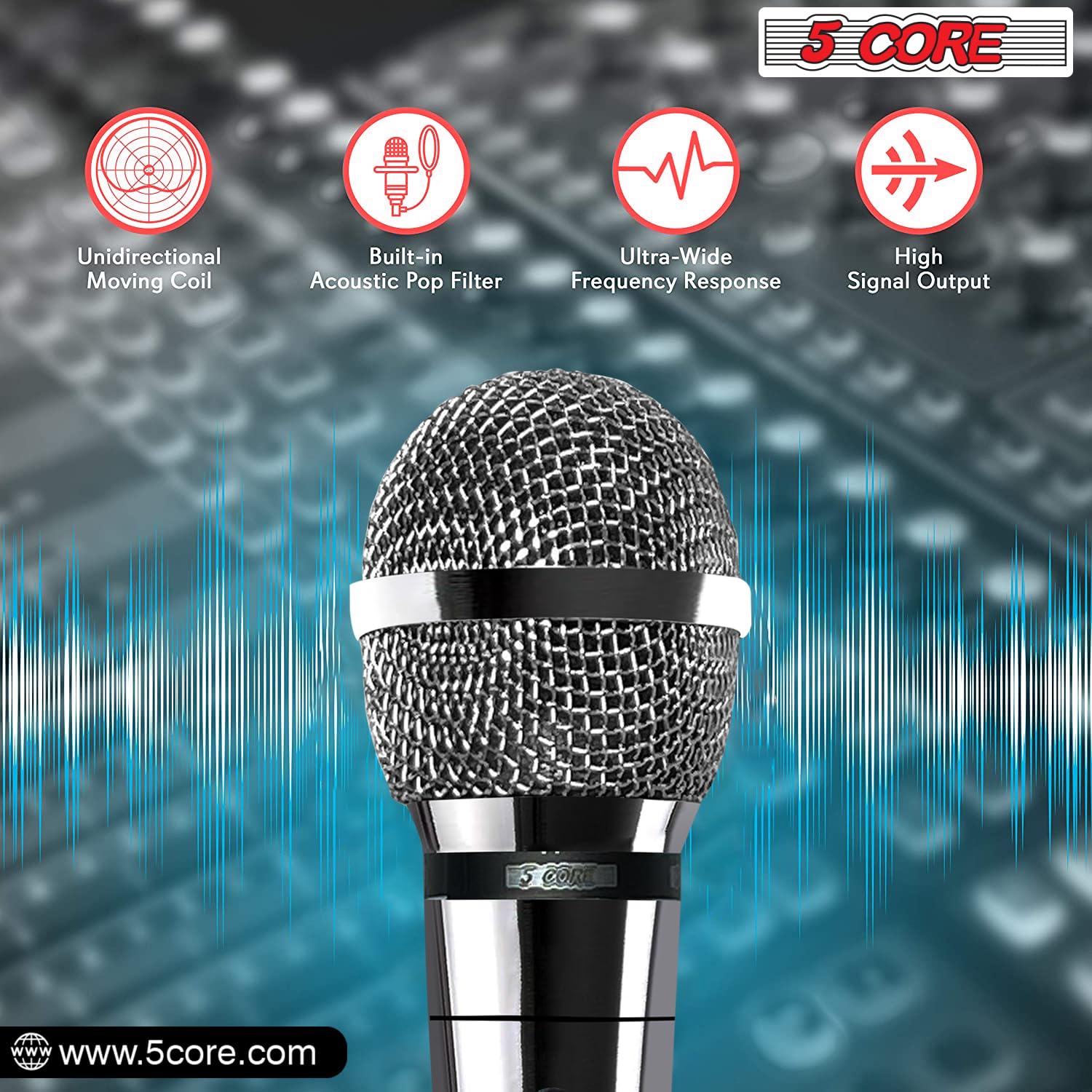 5 CORE Dynamic Handheld Microphone - Cardioid Unidirectional Mic with On/Off Switch & XLR Cable for Singing, Karaoke, Live Performances, Podcasting, and Studio Recording - PM 111 CH