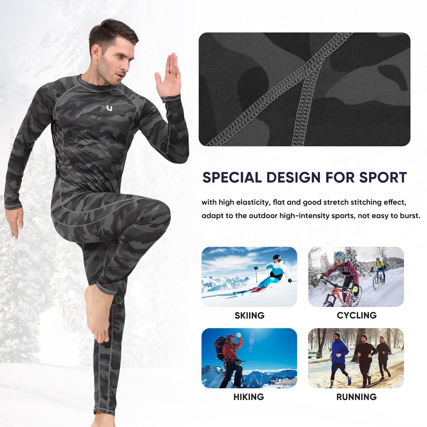 UNIQUEBELLA Men's Thermal Underwear Set - Fleece Lined Top & Bottom Base Layer for Winter, Quick Dry Thermal Underwear for Cold Weather, Outdoor Activities & Work