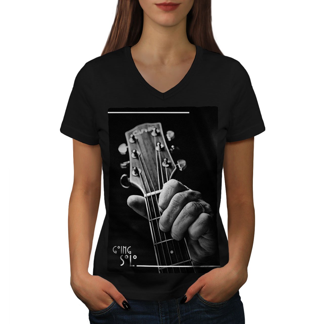 Wellcoda Women's V-Neck T-Shirt - Guitar Solo Song Music Graphic Tee for Casual Wear | Perfect for Concerts, Music Festivals & Band Merch Fans