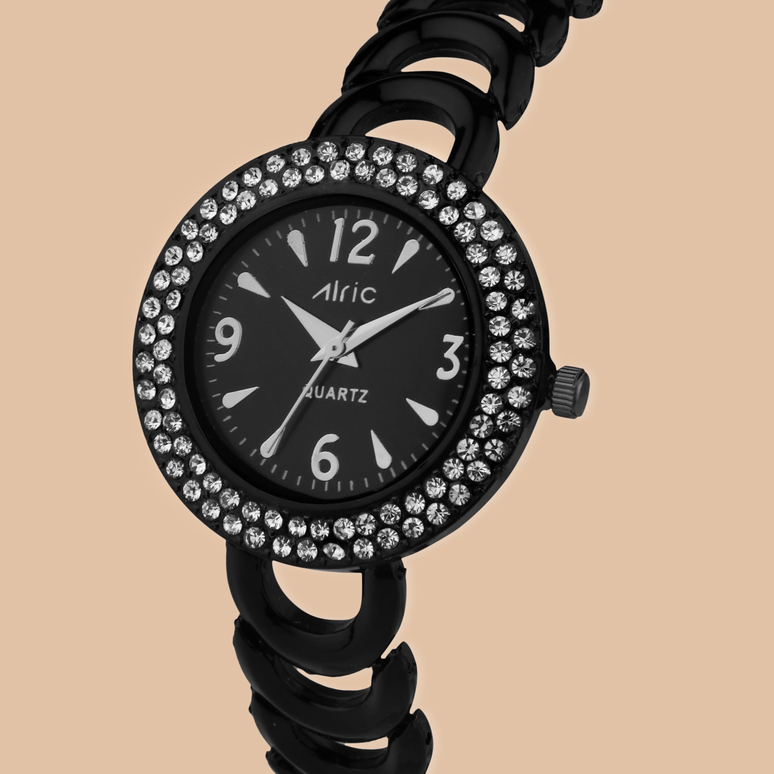 Alric Stylish Women's Watch - Glossy Metallic Strap, Analog Quartz with Jewel Accents & Diamond Studs | Trendy Slim Dial Ladies Watch for Everyday Wear, Office & Special Occasions