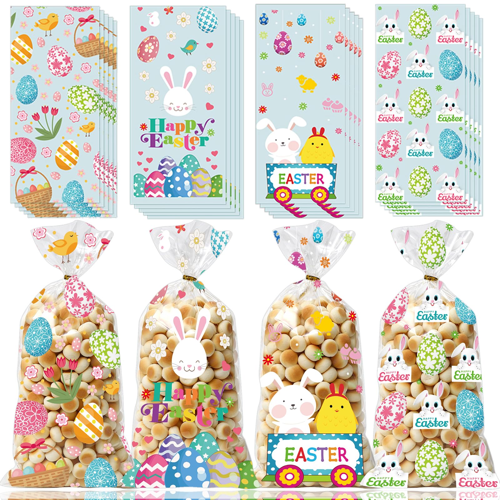 GOMANCHE 100-Piece Easter Cellophane Candy Bags with Gold Twist Ties - Colorful Easter Treat Bags for Party Favors, Goodie Cookies & Gift Giving - Perfect for Easter Celebrations, Classroom Treats & Holiday Events