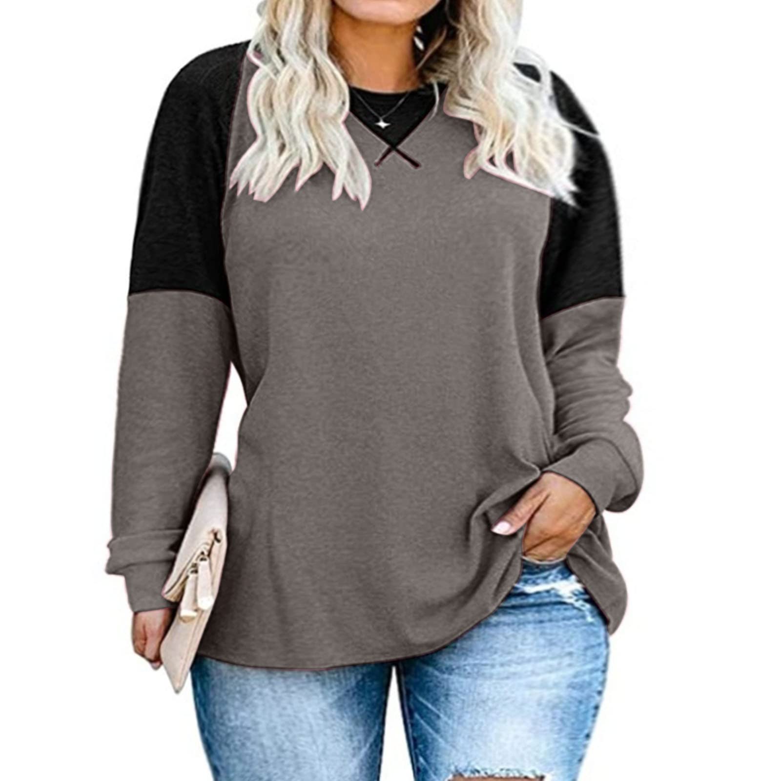 Plus Size Women's Color Block Long Sleeve T-Shirt - Casual Comfortable Tunics for Everyday Wear, Work & Outings