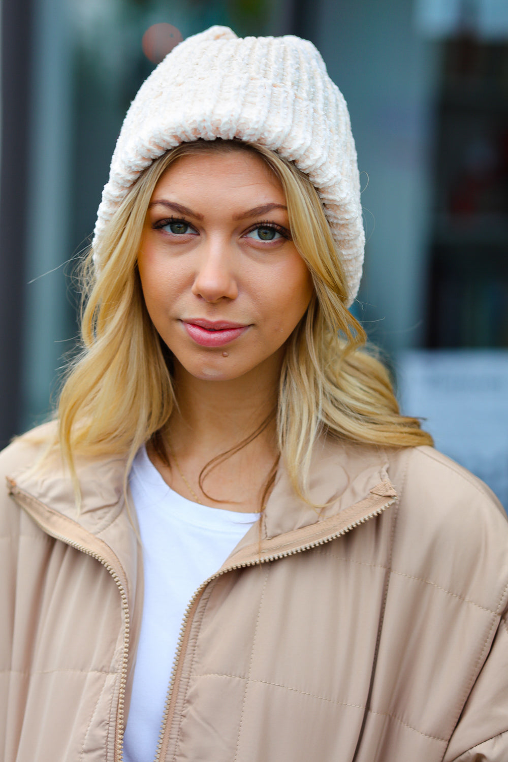 Soft Cream Knit Velvet Chenille Fold Over Beanie for Women - Winter Warm Slouchy Hat for Outdoor Activities, Skiing & Casual Wear